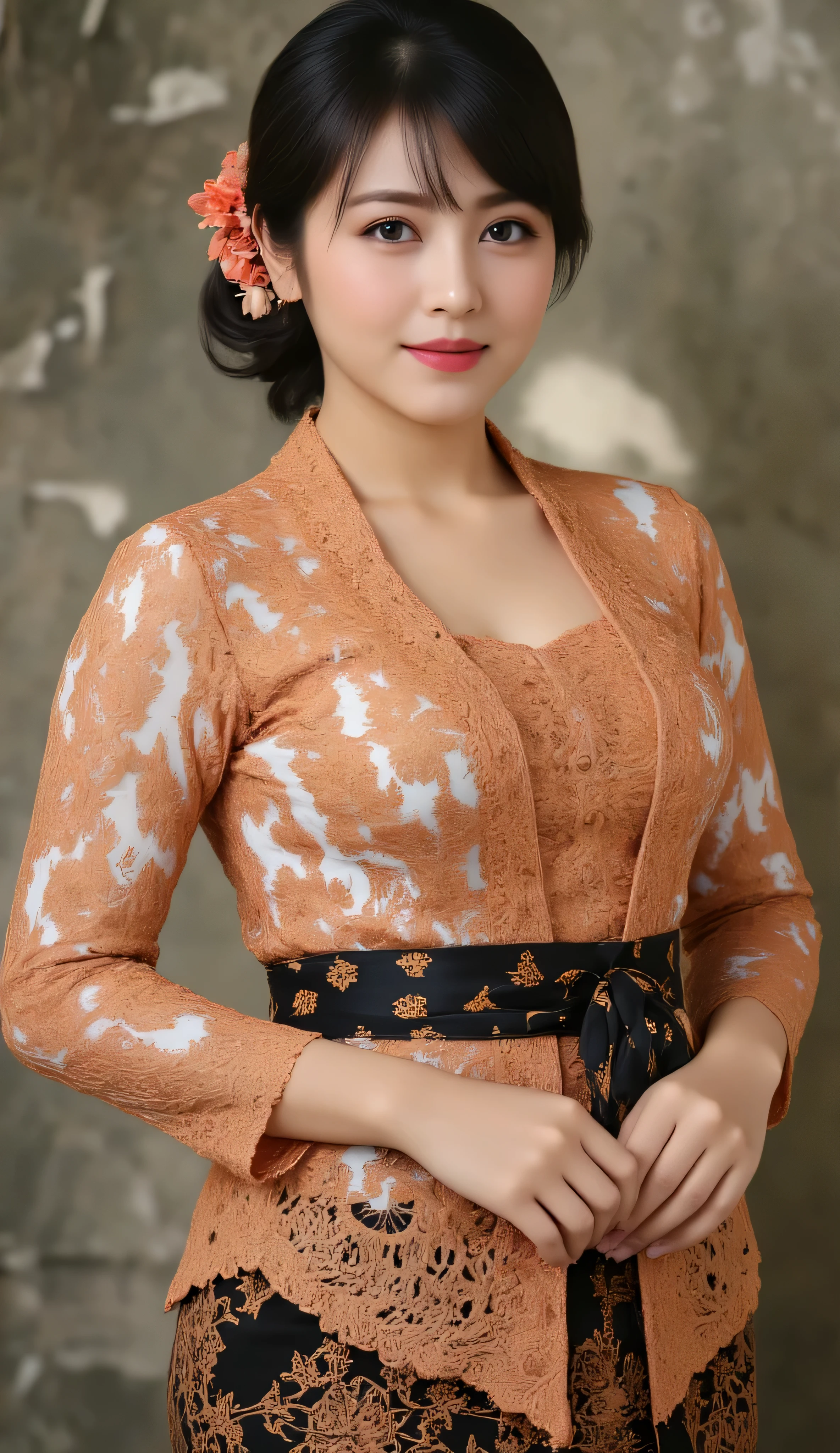 (RAW photo,) (Medium shot, Half-body shot, Front View, Facing Forward), (Asian Adult Female, Small Smile, Simple Makeup, Hime Bangs, Half Bun, Black Hair, Natural White Skin, Body Is Quite Fat, Big Breasts, One-person), (Indonesia Kebaya Dress: Terracotta-White-Black Indonesian Kebaya Dress), (Long Length, Elegant, Embroidered, Decoration, Fascinating, Background Full Frame), Ultra High Quality, Portrait,