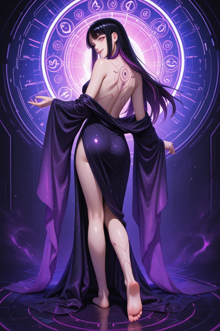 An ultra-realistic and ultra-detailed ((full body portrait)) of a gorgeous petite caucasian celestial goddess, barefoot with long black hair, (silver eyes), ((small breasts)) wearing (torn and ripped) purple silk lingerie, Striking a ((Sexy Pose)), Galactic Clouds everywhere adorned with vivid chemiluminescent stars and galaxies floating through the cosmos, Atmospheric, radiating luminous cosmic energy, multicolored, vibrant lighting, visually stunning, surreal, epic, legendary, radically fantastic, sharp uhd, dof, 8k resolution, enhanced-realism, hyper-photorealism.