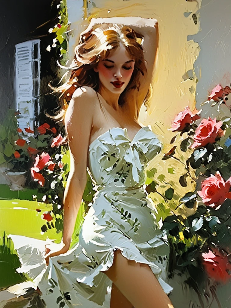 nsfw, photorealistic, beautiful face, (masterpiece:1.4), (best quality:1.4), extremely detailed, hyper-detailed, soft lighting 38 years old beautiful blonde 1950's pinup woman in her late thirties kneeling on all fours between flowers in a garden, dressed only in a green bib apron and yellow rubber boots , sideboob, naked buttocks, white pearl necklace and white pearl earrings, perfect body, busty, perfect legs, intricate details, masterpiece, bestquality, uhd, 8k, ((plain backgound:1.3)), shaved pubic area, big breasts, hanging breasts, long hard nipples, short blonde hairbun with a bow in her hair, shaved pubic area, (perfect_face), intricate, 4k, detailed_background, full_body, realistic, 8k, sexy, very cheeky smile, challenging naughty facial expression, side view, back view, she looking over her shoulder