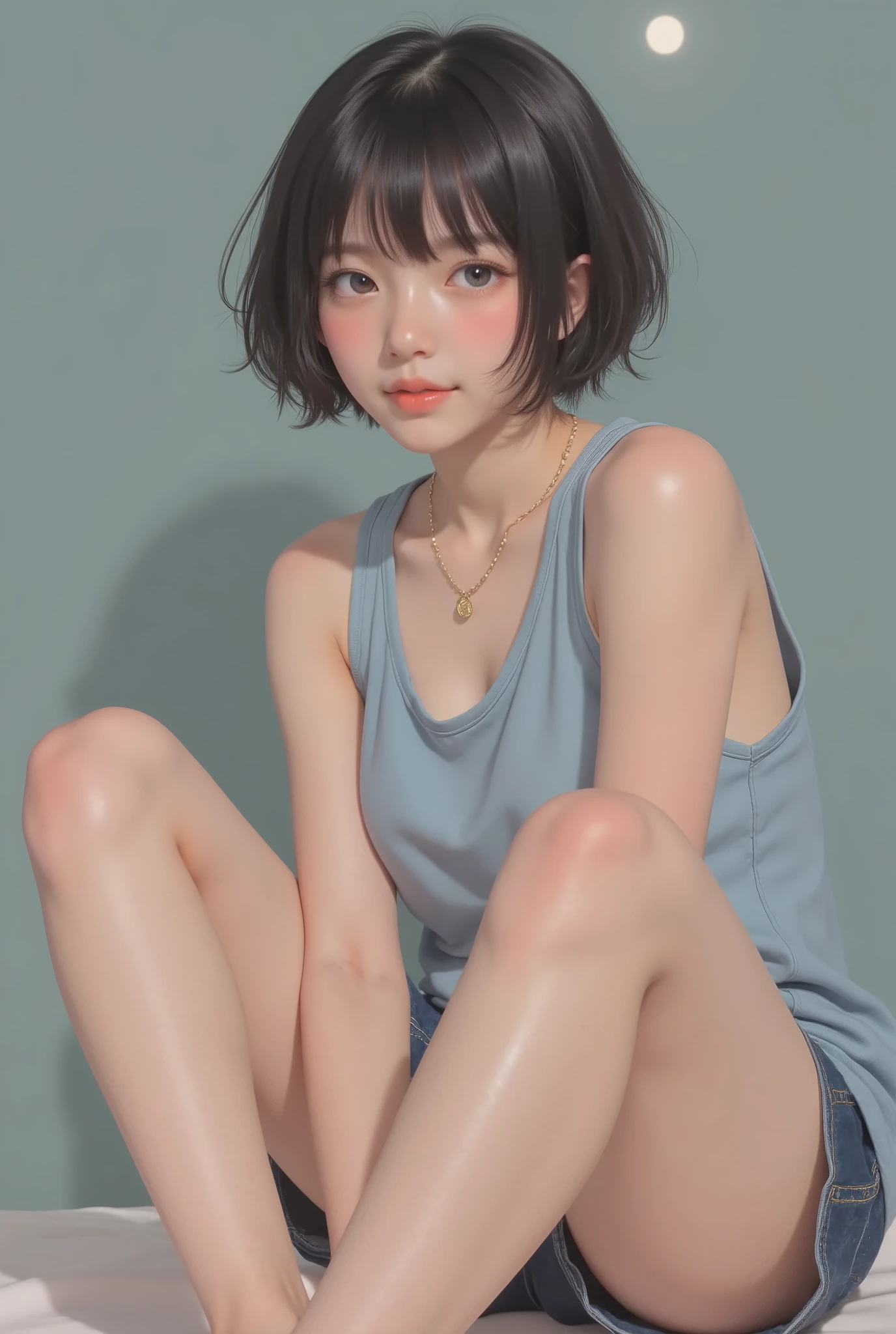 best quality、highest resolution、Original photo、beautiful Japanese girl、Middle school student with simple face、smile、short hair、detailed and realistic skin texture、tight body、Oversized Tank Top、shorts from below dusk、showing the groin、sitting with your knees up、sitting with legs open