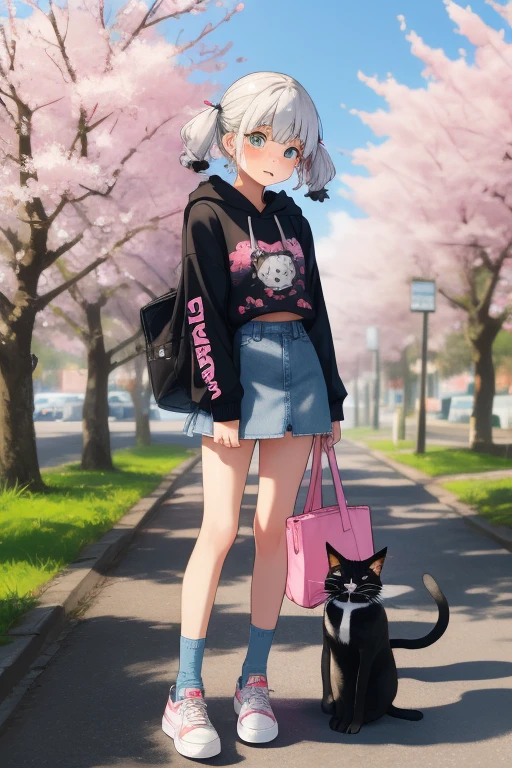 pink hair,purple eyes,short hair,sister head,Two black hairpins,girl,short sleeves,Denim shorts,full-body shot,whole body,Birds sit,sit on the floor,Lots of cherry blossom trees,Background blue sky and white clouds,Happy and happy expression
