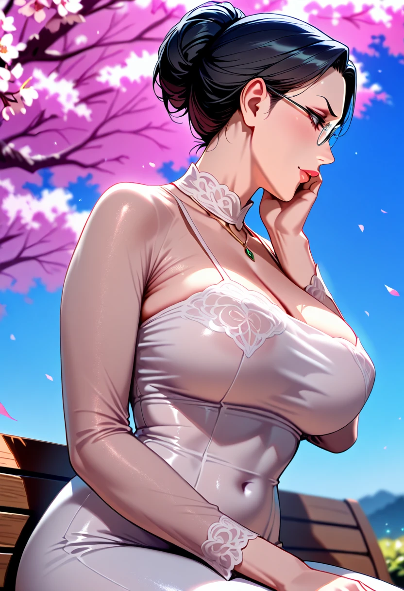 (60-year-old woman, Mature Woman:1.2), Japanese women, whole body, Sheer Lingerie, Browsing Caution, (Pink Frame) Glasses, One girl, alone, good, underwear, chest, jewelry, Earrings, Gray Hair, short hair, chestの谷間, sheer good, View your viewers, Realistic, large chest, Red lipstick