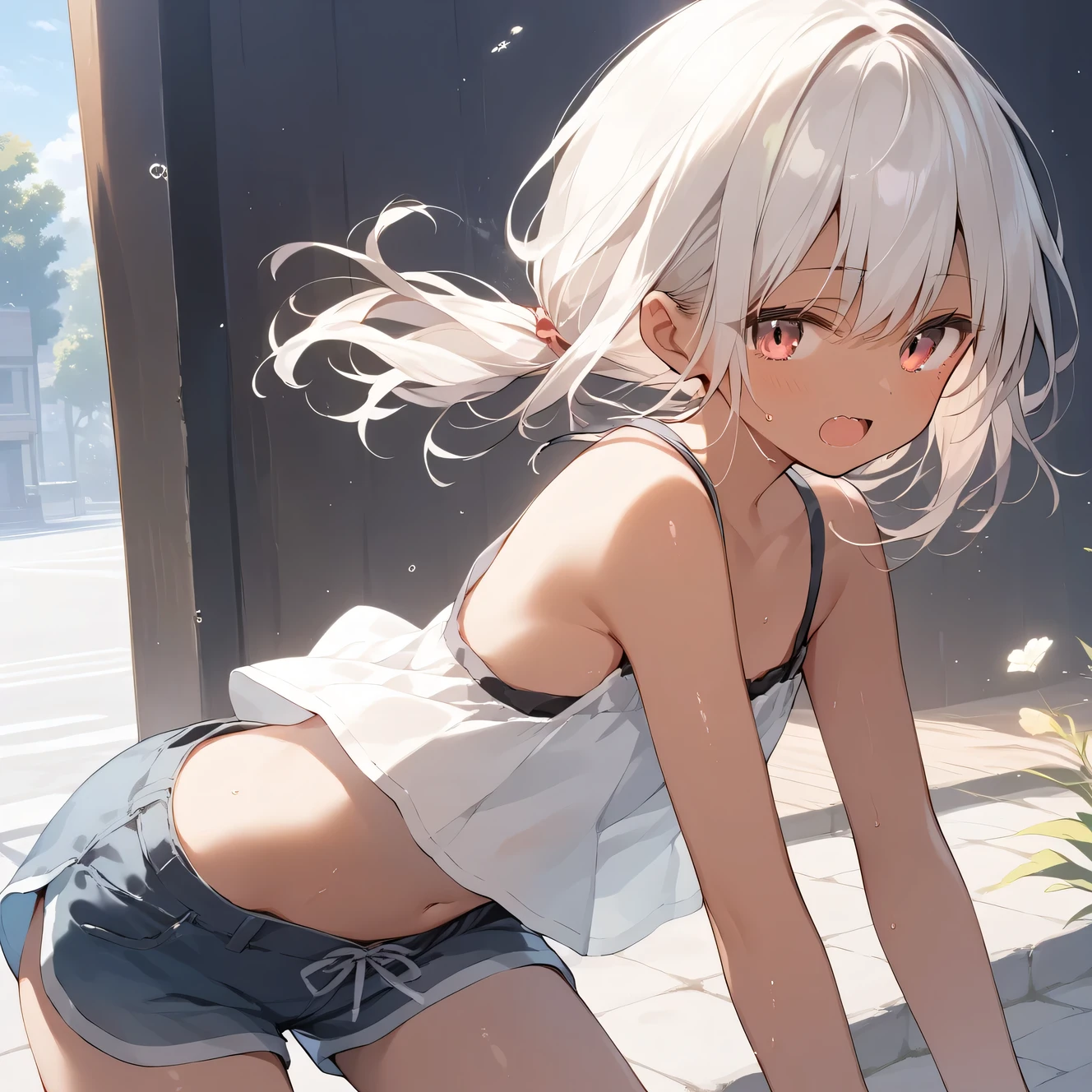 score_9, score_8_up, score_7_up, source_anime, best quality, masterpiece, official art, absurdres, highres, ultra-detailed,waifu2x,Collection: Slice of Life,break,1girl, tomboy, dark-skinned female, short hair, low ponytail, small breasts, beautiful detailed eyes, short shorts, sweat, open mouth, (yawn:0.3), sleepily, outdoors, wind,break,(clear line illustration:1.2), super detailed skin,very high resolution, very aesthetic, Best sexual lighting powered by famous artist, 8k,cute picture,beauty illustration,photoshop_(medium),,(Detailed Lighting),best anime 8k konachan wallpaper, pixiv contest winner,