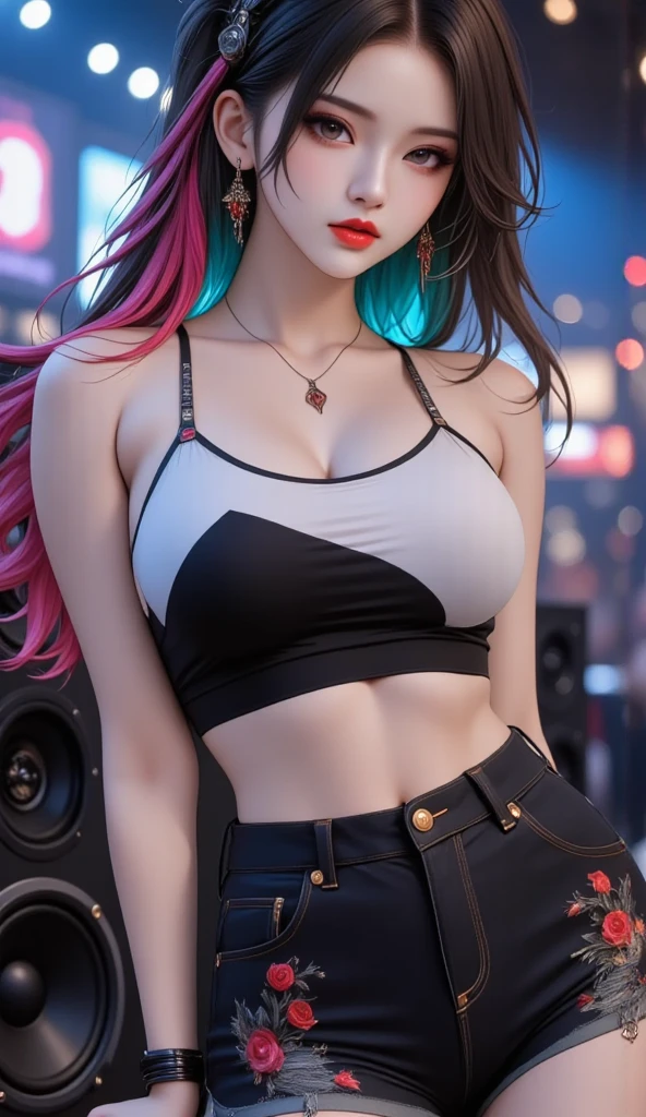 (Masterpiece, best quality, 1 girl, alone, complicated details, Chromatic aberration), realistic, ((Moderate breath)),long hair, pink hair, Red headpiece, Pink Highlights, hair on one eye,purple eyes, earring, sharp eyes, choker, Neon coat, She wears a collar, bangle, and kimono style garters., crop top, (symmetrical eyes),(Perfect symmetrical body),against the wall, Brick wall, (colorful graffiti words on the wall:1.2), The light is dim., alley ,Look at the viewer.、Dig the chest、smile、(sleeveless、Navel touch、Fitted turtleneck.)、street string hot pants、Thin bottom、Please build above the eaves..、Thin shoulders、(high quality, 8k, 4k, high contrast, masterpiece:1.2, best quality, best aesthetics), (dynamic angle), Seductive portrait of female police officer, Masterpiece, (realistic 8k, photorealistic: 1.37), detailed realistic, detailed face and body, Beautiful breaer breasts stiof her outfit, beautiful pointy breasts, length ofgiant breasts goes down to her tomach, professional art, perfect detailed,confident look, (black hair, ponytail), Shiny black uniform, Tactical belt with equipment, Glossy Badges and Name Tags, composition from above, dynamic pose, sitting, at police station room, dutch angle