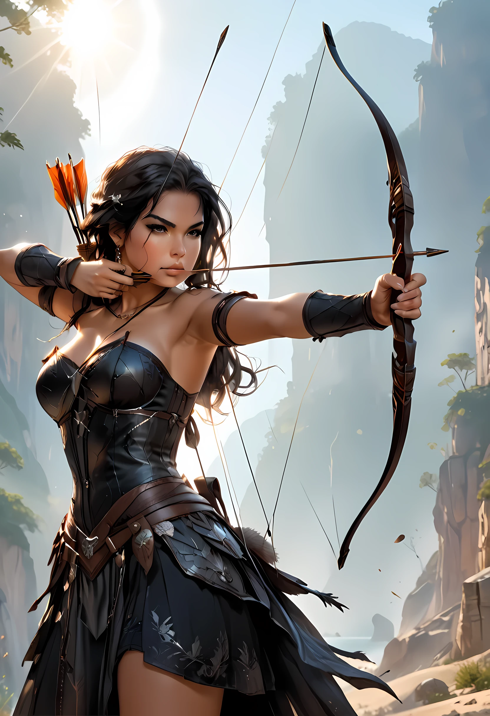 a fantasy art of a exquisite female archer, (silhouette artwork), as the sun rises, fantasy art, ), sunrising behind the archer, ready to act, ultra feminine, with a long curvy hair, dynamic bow sting drawn to the cheek , arrow ready to be shot, arrow tip glimmers, sunrays, divine rays, high details, best quality, 16k, [ultra detailed], masterpiece, best quality, (extremely detailed), dynamic angle, Aiming a Bow, bow (weapon), Cinematic Shot, fantasy, LOAsuccXL, strapless, anime