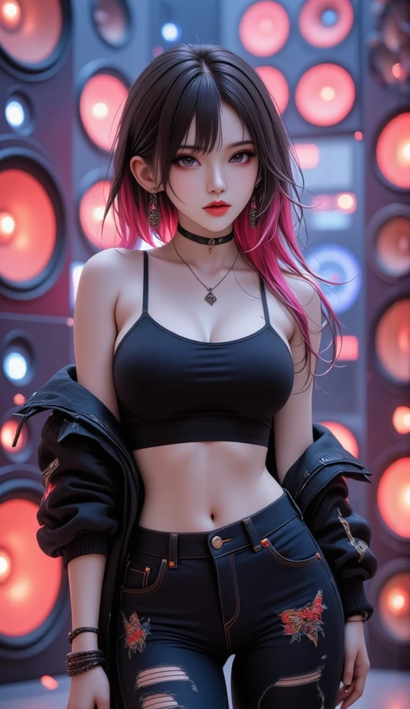 Beautiful girl , sexy slim fit body, black hair , crop top mini skirt , gorgeous eyes , Pink lips , blushed cheeks , punk style