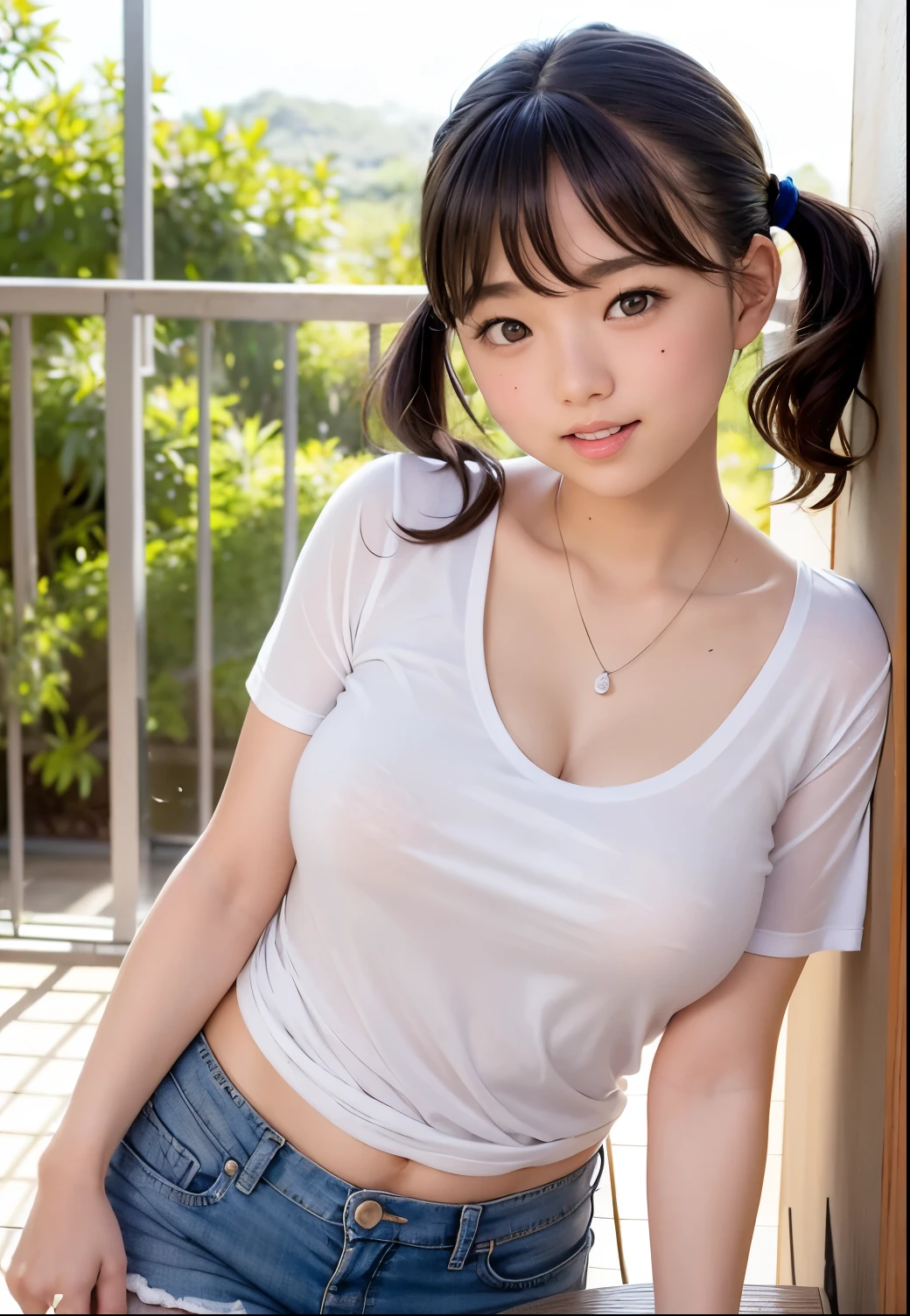 Ultra-high resolution, (Realistic: 1.4), RAW Photos, highest quality, (Photorealisticistic), concentrated, Soft Light, (()), ((Japanese)), (front, Young Face))), (Big Breasts:1.48)、(Depth of written boundary), (one piece), masterpiece, (Photorealistic), woman, bangs, (( Headband Top, Shorts, Small breasts, 1 girl))