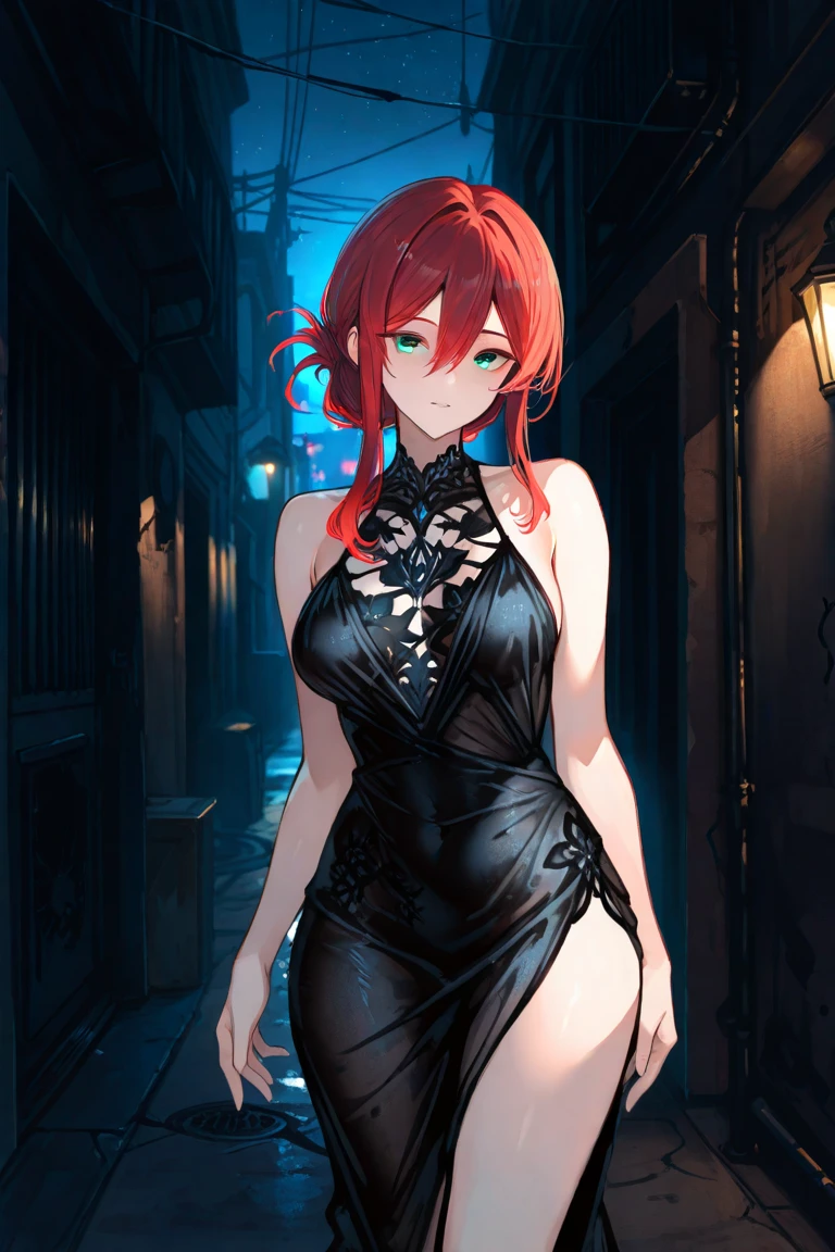 A woman wearing a leopard skin dress, sleeveless dress, orange eyes, red hair, ponytail hair, walking in a city park at night, big breasts, smiling, black heels, view of the building, blurred background, full body . full body .shadow, flower, UHD, masterpiece, accurate, anatomically correct, textured skin, super detail, high quality, best quality, 8k, high resolution, bokeh effect. (solo woman)