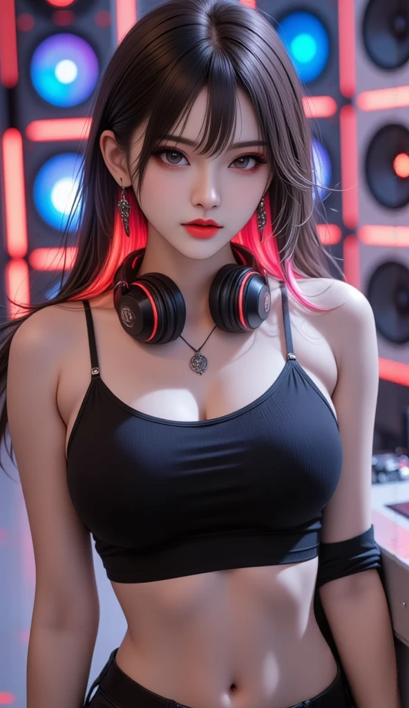 (masterpiece:1.3, Highest quality, Ultra-high resolution, Super detailed), (Realistic, photoRealistic:1.4), Perfect lighting, colorful, Depth of written boundary, Browsing Caution, Surrealism,standing doggy, from side,Beautiful detailed hair, Beautifully detailed face, Beautiful fine details, Beautiful clavicle, Beautiful body, thin脚,Beautiful breasts, Beautiful valley,Beautiful feet, Beautiful Hands, , thin, 1 girl, Perfect Face, Perfect Anatomy, Supermodel with a long neck,((Skinny1.3)),looking at the camera,(Perfect Anatomy, Highly detailed skin), Shiny skin,((beautiful girl:1.1)),(( large breasts: 1.4 )),(Medium Hair:1.2, Wavy Hair:1.2, Black Hair) ,((hair over one eye)),Dainty facial structure, ( Captivating smile, Upward glance, Lips parted),((wearing blue headphones:1.2)),(( wearing(black)Windbreaker)),pink sheer bra, A woman wearing headphones in a room with fluorescent interior gazing at the neon city,(( vibrant neon lights illuminating the room:1.3)), at night, ((wide shot)),