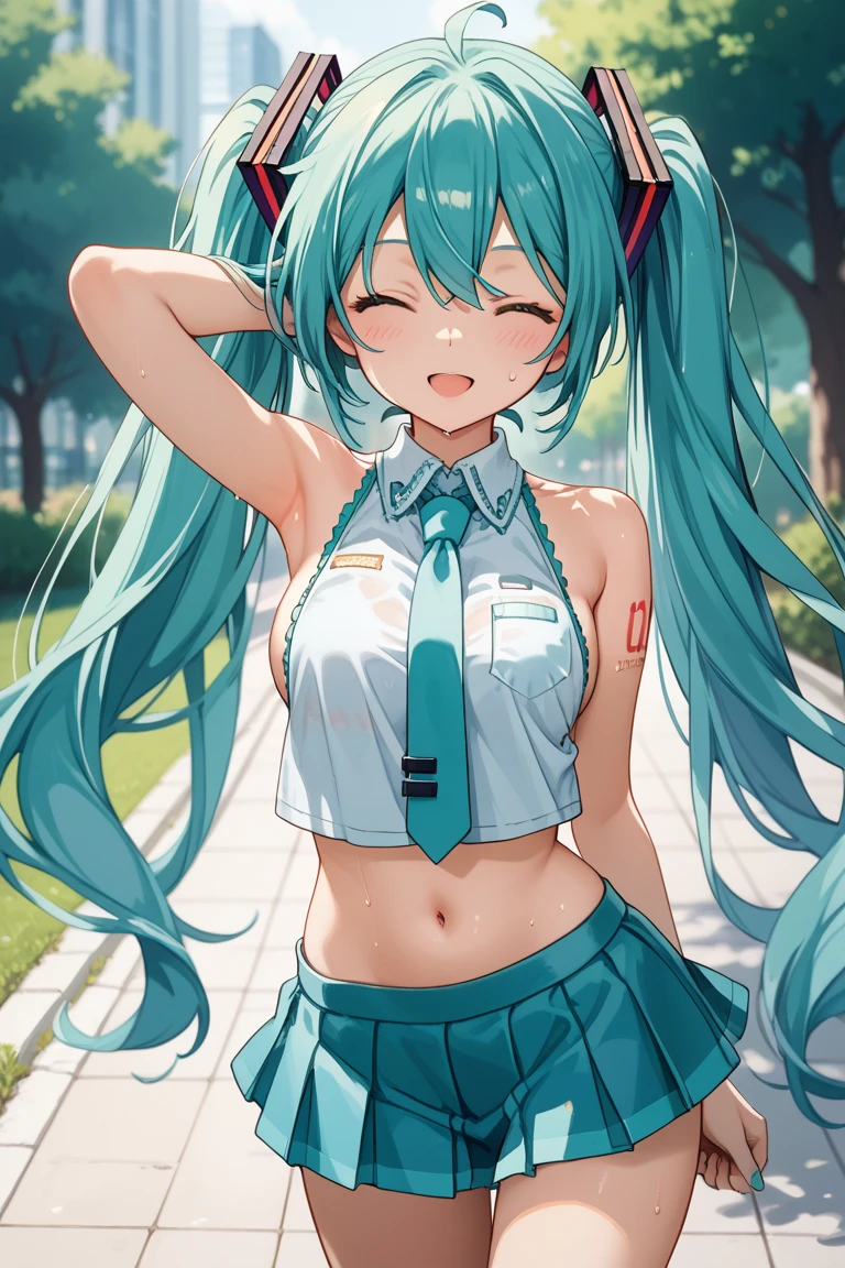 (((anime-style cute face))),(((One Girl,Hatsune Miku))),Highest quality, (Have a long, erect penis), (8k, RAW Photos, Highest quality, masterpiece), (extremely detailed 8k wallpaper),Professional Lighting,Sharp focus, Depth of written boundary、Ticker,(((Face close-up)))、(looking at the camera),((((very happy face))))、Very big eyes、anatomically correct body、Big thighs、Light from the front、The face is bright、Cute big tits、Slightly muscular、(((The revealing maid outfit is white and yellow)))、(The costume fits perfectly)、Cleavage、Belly button、(The frilly mini skirt is black)、Shot from above、lure、Lots of sweat、Accentuates body lines、Side Shot:1.3 Drinking semen、Park at dusk