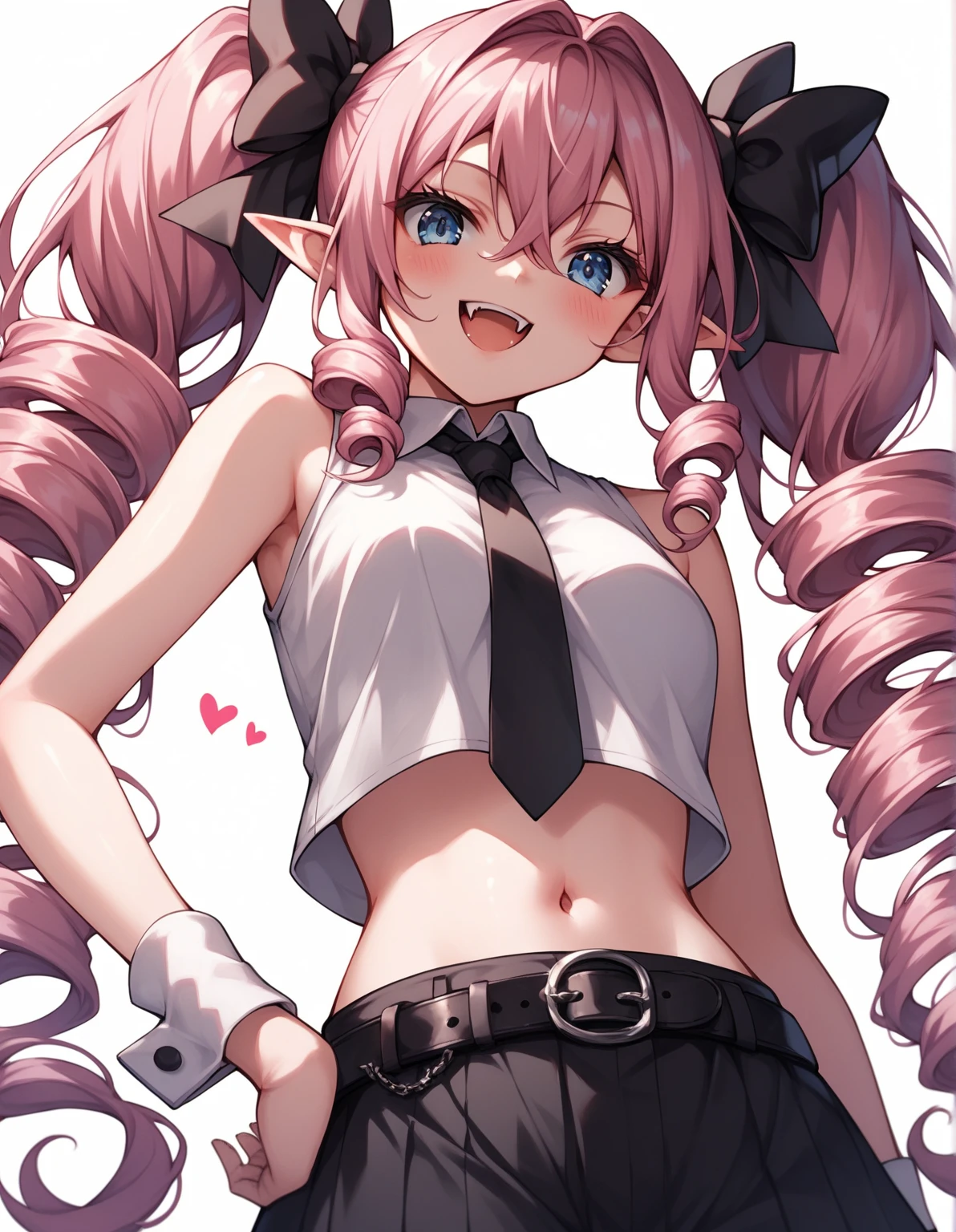 One girl, Knee socks, alone, striped Knee socks, Pink Hair, Striped clothing, , belly button, Long Hair, Drill Hair,, heart, smile, No sleeve shirt, White Background, Put your hands on your hips, Wrist cuff, Twin Drill, Simple Background, No sleeve, View your viewers, Twin tails, Black tie, Pointed Ears, blush, :d, shirt, tooth, bow, blue eyes, white shirt,From below, very Long Hair, Bare shoulders, Crop top, Hair between the eyes, ojou-sama pose, belt, mesugaki , score_9, score_8_superior, score_7_superior, score_6_superior,