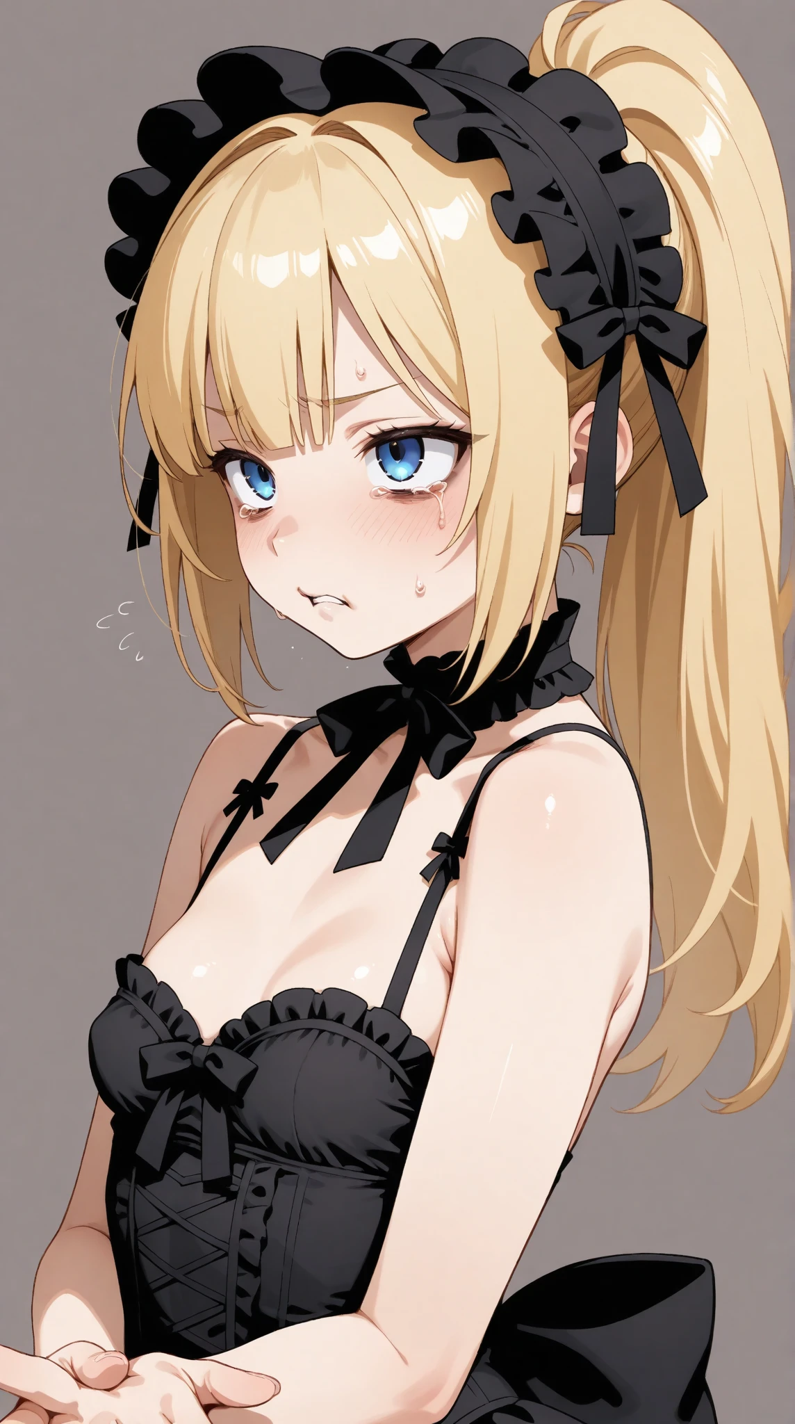 an adult girl, She has two pigtails falling over her shoulders, decorated with black ribbons, SHE HAS BLONDE HAIR, blue eyes and a very elegant black dress for a gala dinner with a cut that allows her to show her leg, wears beautiful evening makeup, full view image