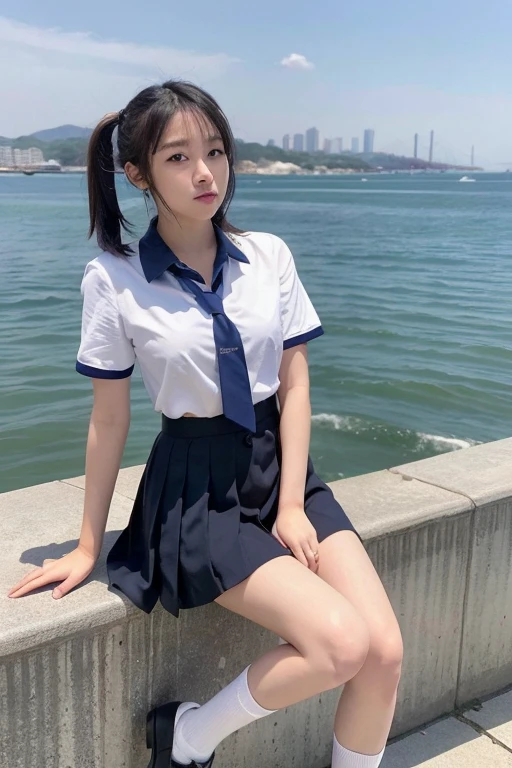 japanaese girl、Teen Girls、perfect body type、Transparency、discreet breasts、School Uniforms、Navy blue tie、Navy blue skirt、Light blue shirt、hposing Gravure Idol、waterside、Muchimuchi thighs、Infidelity rotten