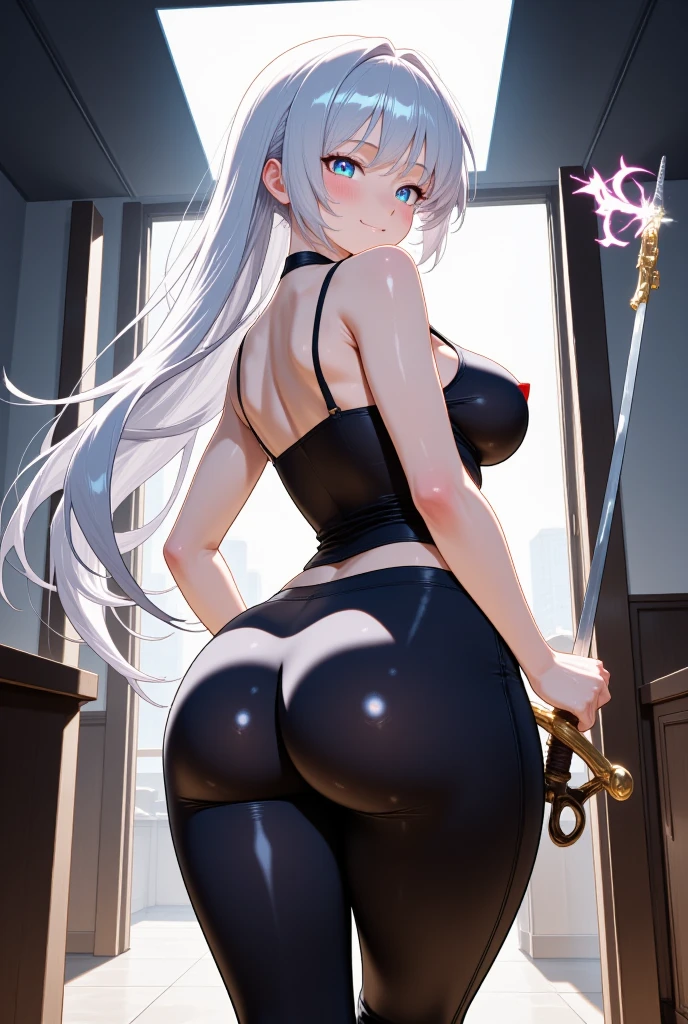 sexy girl, no clothes, girl from the back, black panties, big ass, white background, pink eyes, white hair, white pigtail hair