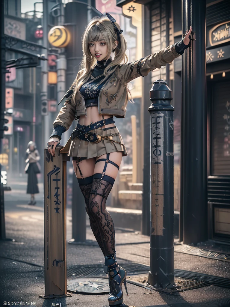 ubel,dark green hair,long hair,side ponytail,hair between eyes,bangs, BREAK (beret, black jacket, open clothes, cleavage, midriff, black shorts, black thighhighs, thigh strap, fingerless gloves, single glove:1.2), Photo,sharpness, F1.6 lens,hyper-realistic textures,spectacular light textures, Cinestil 800 Fashion Mechanics,(((Beautiful woman with left leg restrained and hung by chains))),Appearance,Beautiful girl with accentuated slender abs: 1.1,six-pack abs: 1.1, Bust Botox,Standing on tiptoe, long legs,Long brown hair fluttering in the wind,Brown hair, Long hair, Female Warrior Costume,(No panties,No bra),(tacticul battle fashion,elbow and knee tacticul battle fashion, battle glove: 1.1),((cute batre costume)),The belly comes out and the navel is visible,Thin sheer costume, combat gloves,shredded costumes,cyber long combat boots with golden knee pads,Anatomical,(futuristic sci-fi battle fashion, new elbow and knee cyberpads, new cyberlong boots, new cybergloves: 1.1),(tied perfectly by iron chain), Restraint, Slave, collars, contempt, (Chained), 4 chains hung from heaven, Metallic shackles and fetters, wet crotch clearly visible,((Hands are restrained above the head)), the neck is chained,Chain from left knee to heaven,Chained by rusty iron chains,((the tip is protruding, areolas protruding,The shape of the pubic area is clearly visible:1.2)),Sweating,Wet,Wet crotch,Wet thighs,Junkyard, Realistic, (cute, perfect clothes, skimpy clothes, cute: 1.3) ,Vast miritary base in us,((wide mirtary hospital with summer sunlight)), peeling ceilings, Rebar between, Realistic material details, Extreme details, Ultra-realistic materials,narrow waist,(with sparkling eyes and a contagious smile:0.9),looking at viewer,