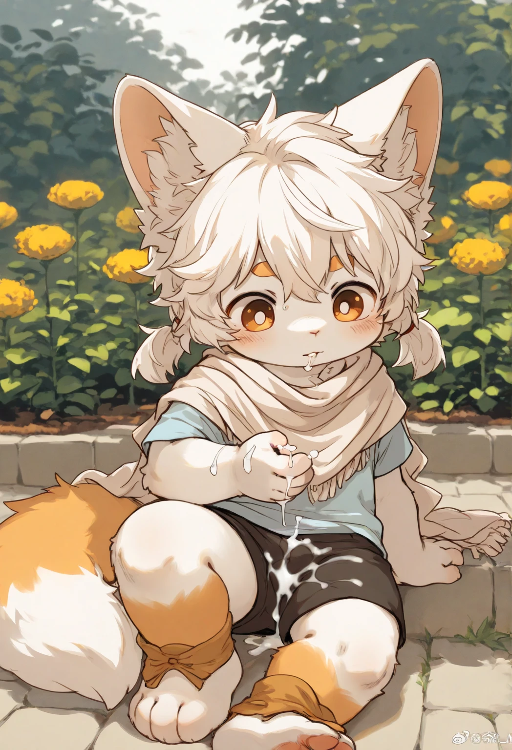 Dwarf rabbit boy,furry boy,Toddler Characteristics ,White hair,gray skin(white),shawl,Short sleeve, shorts, Fox Boy ,furry boy,Toddler Characteristics,White hair,white Arm,Light Orange Skin,cum_inside,garden