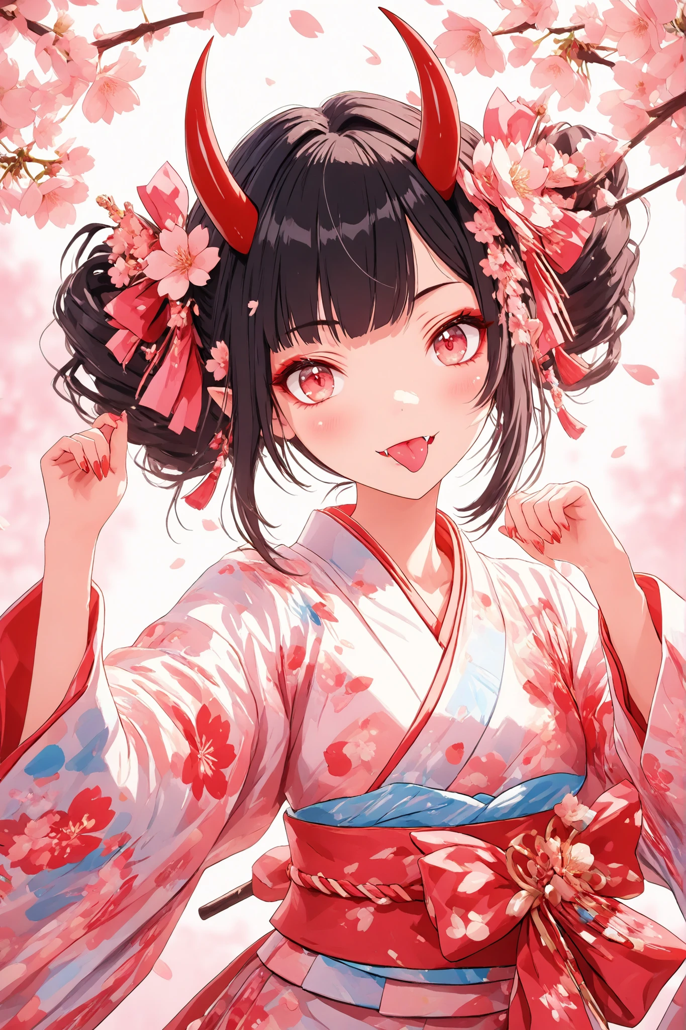 (masterpiece:1.2),High quality wavy lines、So Breathtakingly Beautiful、beautiful details、best image quality、((3D artwork))、 cherry blossoms dance、black hair、shortcuts、Demon Girl、 beautiful yukata、Japanese things、Cute and attractive、Japanese style illustration、Demon Horn、Demon Fang、 Cat's Eye's Mouth 、stick out tongue