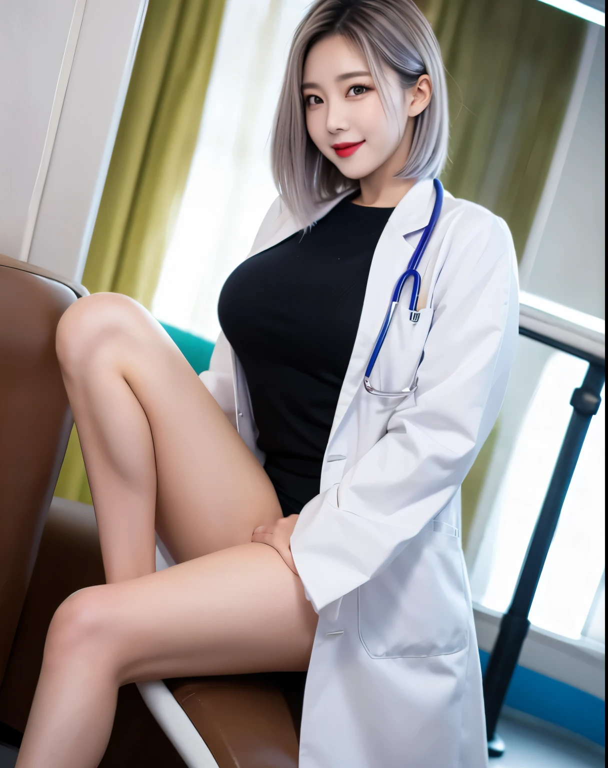 16K quality、highest quality, high resolution, real photos, (Super realistic、photorealistic)、((long shot、full body portrait))、(((hospital examination room、In front of the medicine cabinet、medical record file、Lined up with advanced medical equipment))) 、(((Black blouse with collar in doctor's lab coat、Wear a long-sleeved doctor's coat over a black blouse、black tight mini skirt)))、(((Platinum blonde female doctor in white coat)))、(((silver hair:1.5)))、((medium long hair、stick out one ear、finely and delicately braided hair))、((blue eyes))、((Wear a stethoscope and name tag))、((open both legs wide、Open your legs and show off your white panties))、(pure white panties)、choker、beautiful legs、barefoot、((high heels))、(Big eyes、very beautiful and modest makeup, Makeup is light, Beautiful blonde hair)、(Cute Japanese girl in her 20s、shiny dark brown hair)、perfect body、perfect hands、perfect hands指、detailed and beautiful lips、Clear, beautiful face and well-proportioned eyes、highly detailed eyes and face、well-groomed nose、thin eyebrows、(perfect eyes)、 (F cup big breasts)、はっきりしたdouble eyelid、Patchily's Eye、Clear, beautiful face and well-proportioned eyes, ( very beautiful and modest makeup, Makeup is light、 border light, (soft light, high quality, smooth and sharp, 10x pixelization, beautiful eyeshadow),((NSFW))、((ecstatic expression、reach sexual climax))、mouth is sloppily open、sexy mouth、(cute japanese girl)、 smile、detailed and beautiful lips , cute round face, plump thighs、emphasize the thighs、hairstyle with bangs、delicate body、slim、skin that reflects light、model body shape、detailed fingers、beautiful eyes、long eyelashes、8head and body、Low - Angle、light reflected in the eyes、smaller face、double eyelid、big eyes、lip gloss、looking at the camera、background bokeh、Movie lighting from the front、light on the face