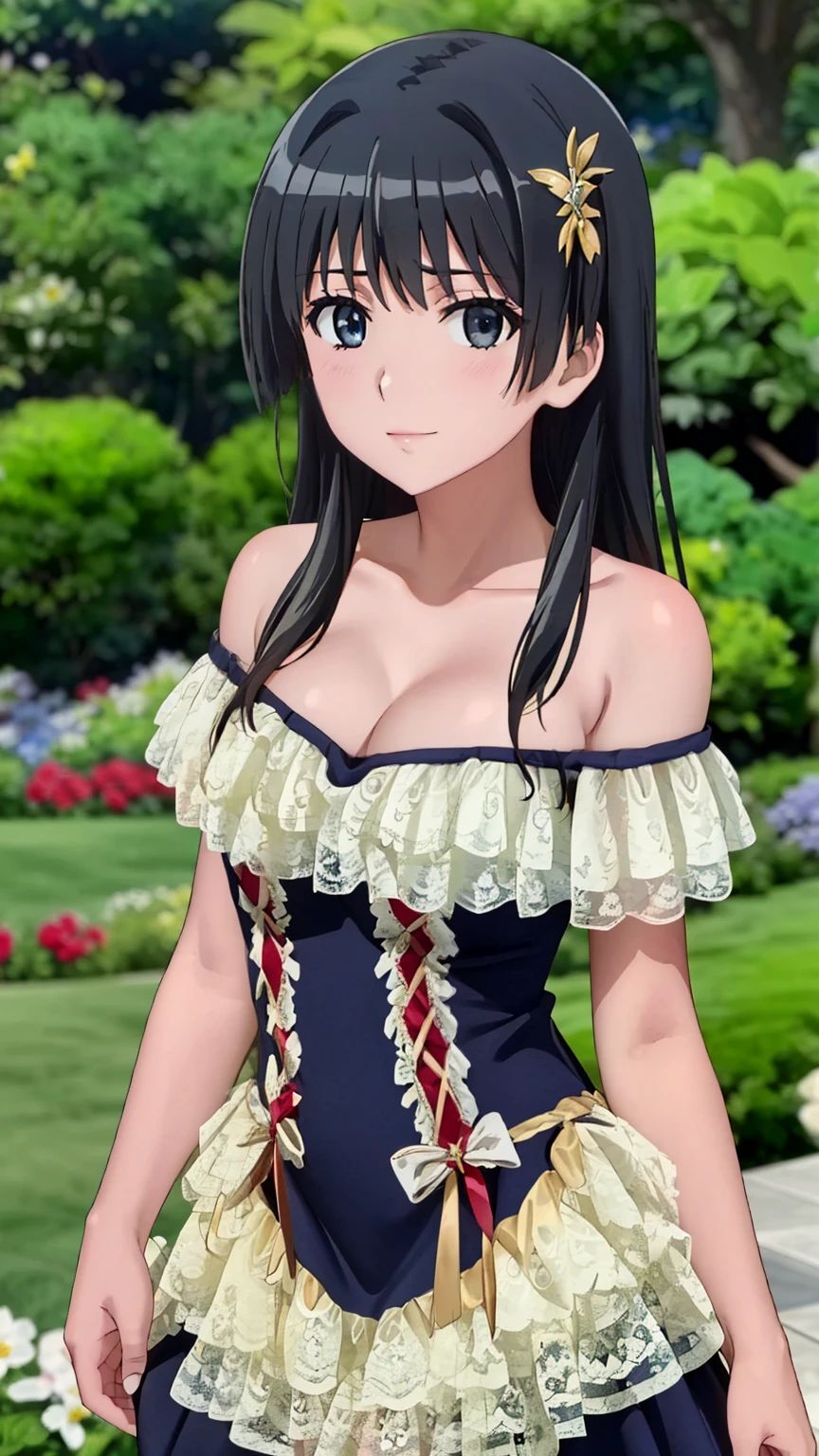 (masterpiece, best quality, high resolution, 8k:1.2), (anime coloring), unity 8k wallpaper, (beautiful detailed eyes:1.2), highly detailed face, perfect lighting, highly detailed CG, perfect hands, perfect anatomy, saten ruiko, 1 girl, young woman, bearish sentiment, (black hair:1.1), bangs, (black eyes), (slim body), (medium breasts), nffsw, (half smile:1.0), (long hair), (off shoulder dress, lace-trimmed dress, bare shoulders, frills), (garden), (cowboy shot:1.2), looking at the viewer,