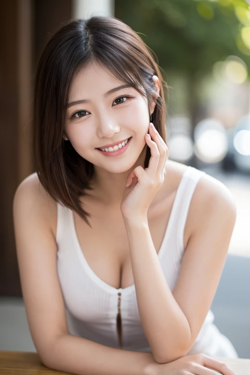 ((史上類を見ないmasterpiece、highest quality、woman, grin and laugh、erotic lingerie、sexy lingerie、down blouse、(leaning forward:1.3)、(oversize tshirt、Loose-fitting T-shirt、Low Cut T-Shirt:1.2)、(highest quality、8K、32K、masterpiece)、(Detailed bra)、Japanese、squat、one's home、blurred background、close up of chest、shot from above、entrance、skirt、joined