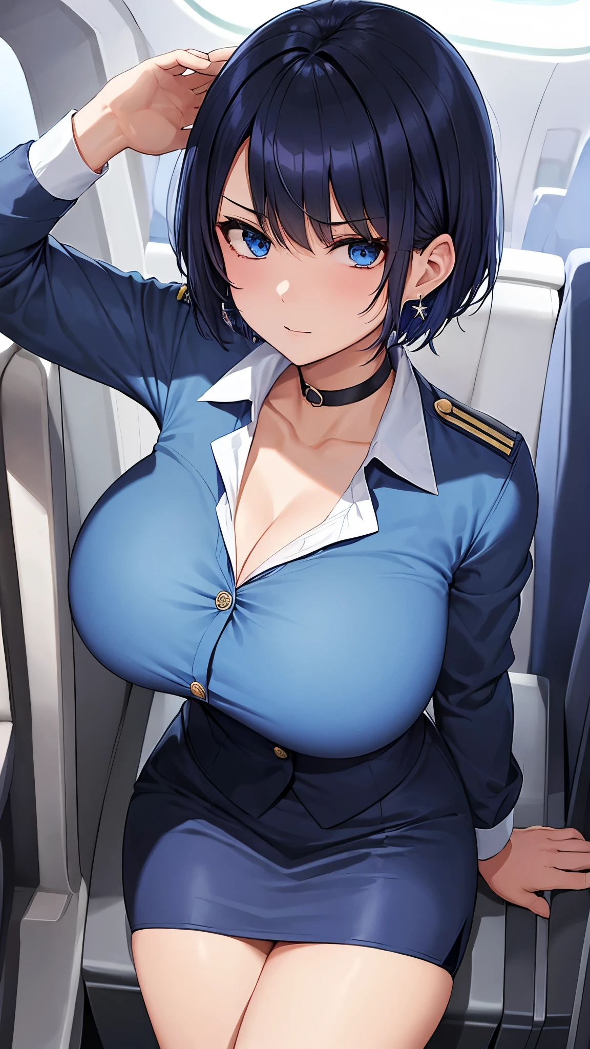 1female,35yo,plumw,extremely large bosom, 独奏,(Background with:Huge machinery,droid,aerodrome,Planes,Huge mechanical armor,) She has very short black hair,bobo head,Stand on the plane,,seen from the front, hair straight, mostly cloudy sky,(((tmasterpiece),(Very detailed CG unity 8K wallpaper),best qualtiy,cinmatic lighting,detailed back ground,beatiful detailed eyes,Bright pupils,Blue eyes,Snow-whiteskin,Redlip(Very fine and beautiful),(Beautiful and detailed eye description),ultra - detailed,tmasterpiece,))facing at camera,A high resolution,ultra - detailed),revealing breasts,Bare genitalia, Bulge,legs are open,Raised sexy,Camel toes,Flushed complexion,Desire for dissatisfaction,frontage,Stewardess(Wearing:blazer jacket,tailcoat,White color blouse,a black bowtie,Black pantyhose,Bare breasts)