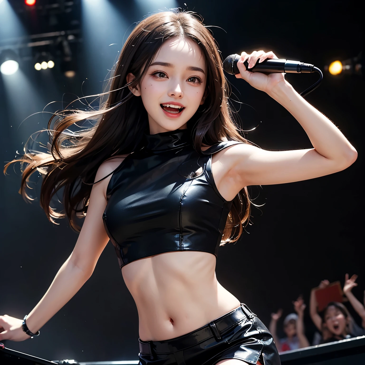 (걸작,최고의 품질,초고해상도,photo현실적,현실적,RAW 사진,실제 사람,사진),
(놀라운,세세하게,매우 섬세하고 아름다운,날카로운 초점),
여자 1명,홀로,진짜 얼굴, 아름다운 얼굴, 절묘한 얼굴, A woman in her early 20s. A beautiful woman with long straight hair and a slim body. The protagonist came to a nightclub with her friends.. She was having a good time, drinking and listening to music.. Meanwhile, she saw a girl dancing on the stage. The woman was dancing wildly, waving her long hair. Her dance was truly beautiful, and her body was fascinating. miniskirt