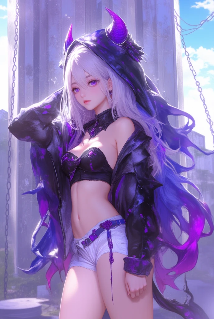 young girl, long white hair, heterohromia (left eye purple, right eye blue), cat ears, inner sideboob, open belly, tattoo, smirk, battle turquoise top, skirt, masterpiece, high quality,