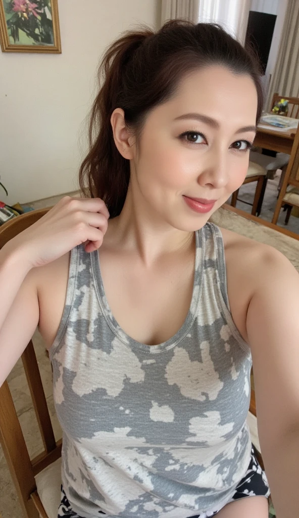 最high quality, 8k, masterpiece, Tatsuma, sharp focus, high quality, High resolution, detailed face, fine eyes, thick lips, (looking at the viewer), alone, Beautiful woman, 43 years old, Plump, beautifully groomed hair, Turning around posture, Daytime indoors,whole body,No expression,(Tank top:1.5),(pencil skirt),saggy breasts,small breasts,long hair, Nipples are floating, Are standing