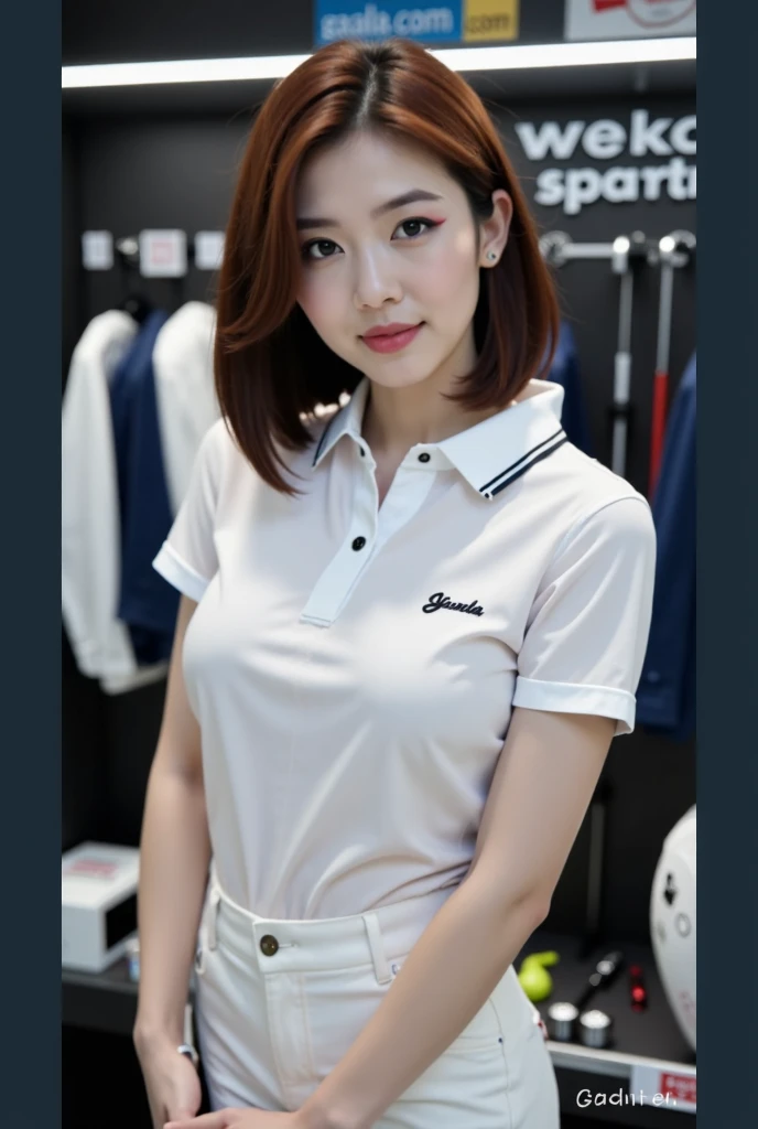 ((Best of the highest quality, 8k, Masterpiece: 1.3, raw photo)), Sharp focus: 1.2, (1 AESPA, slim body type female, 21 y/o: 1.1), (Solo: 1.2), (realistic, photo-realistic:1.37), face focus, cute face, finely eyes, (small breasts, flat chest, Thigh: 1.3), (short messy hair, updo: 1.28), (polo shirt, panties: 1.32), sitting terrace dining, cafe, sun light, flower