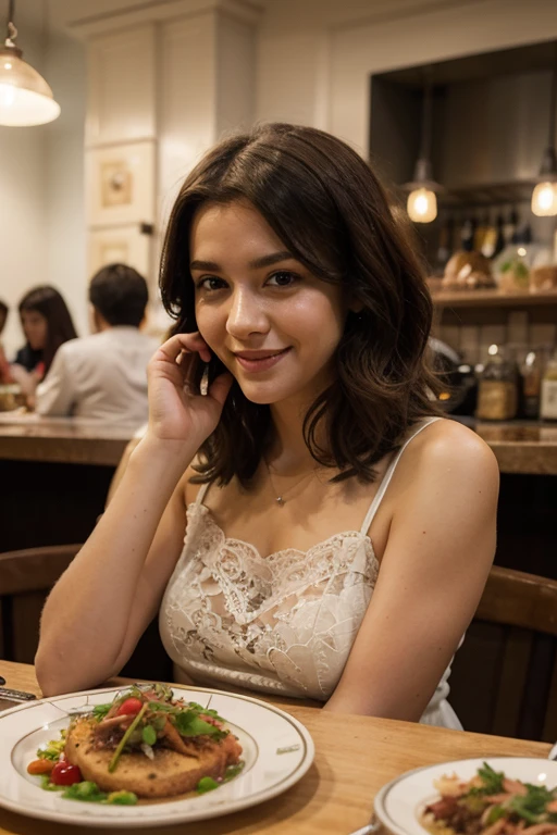 teenage woman, black hair and brown eyes, White skin, photo in the dark ,in the night, photo ,realist, Instagram type photo, aestethic, selfie casual whit a smile natural, Dining at a restaurant 
