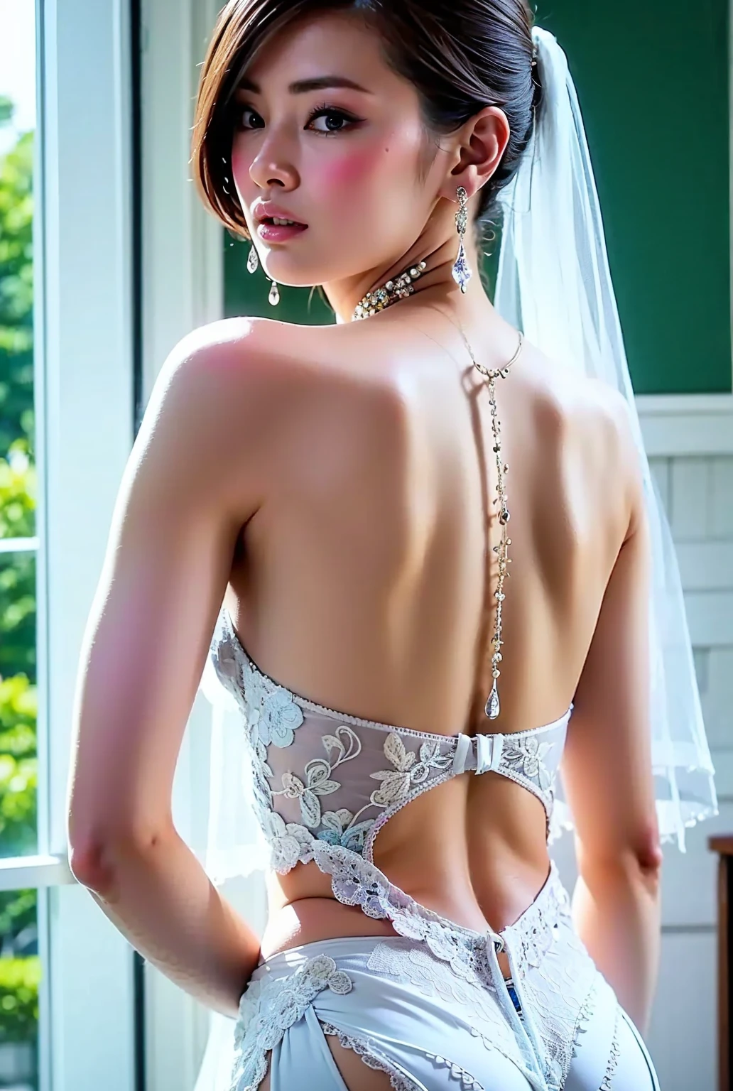 (masterpiece level,high quality,real photos),intricate details,fantastic atmosphere,stunning composition,Tibetan Temples、pure and beautiful girl,Delicate and delicate face and eyes,sexy lace tights,((butt sticking out))、((round butt))、Tops with design,sexy back,campus background