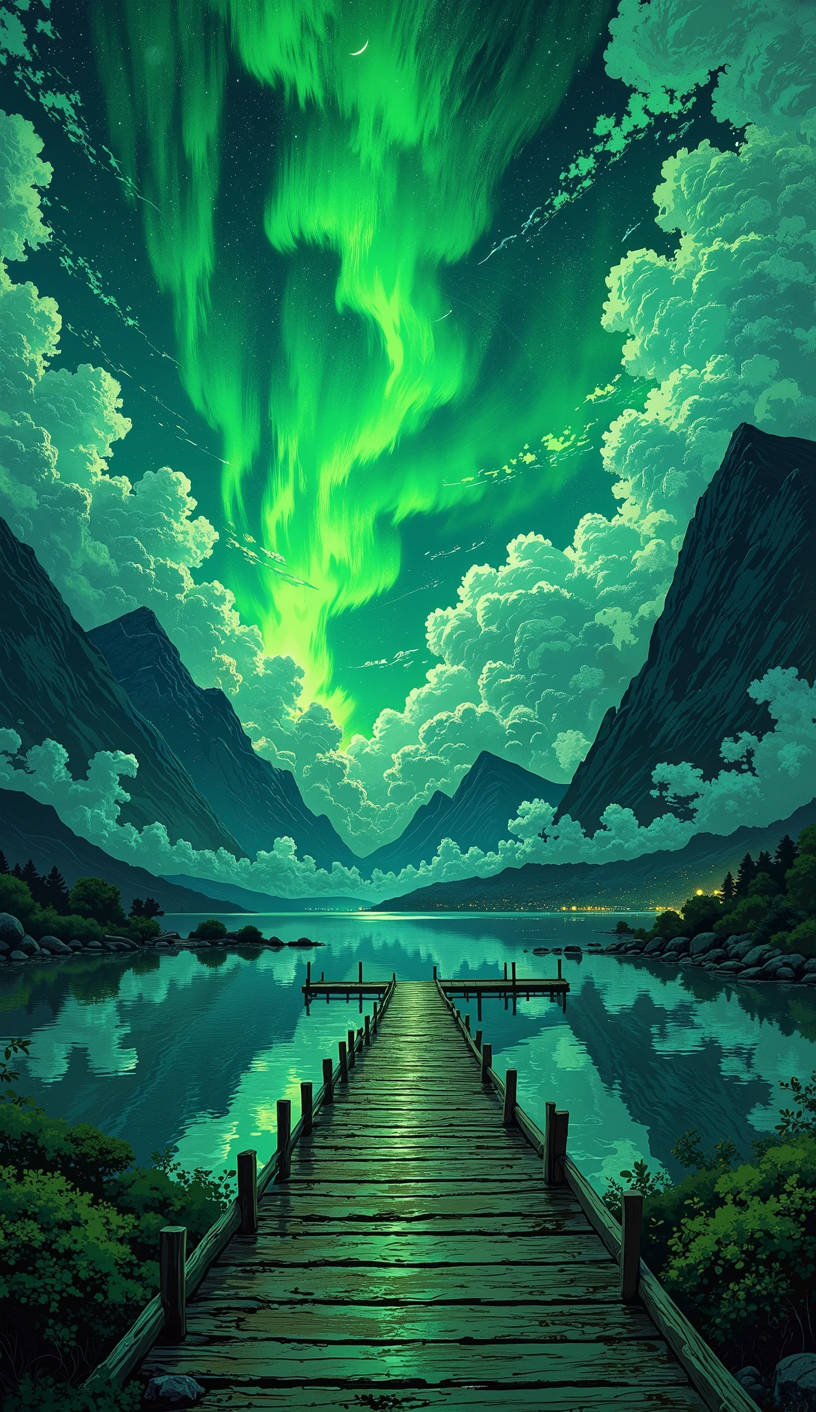 a mystical fantasy landscape with a wooden pier leading into a calm reflective lake, a silhouette of a person standing at the end of the pier, massive dark green mountains shrouded in clouds, a glowing green aurora in the night sky, a crescent moon above the peaks, highly detailed digital painting style, cool color tone with emerald green dominance, cinematic composition, symmetrical perspective, soft ambient lighting, fantasy realism
