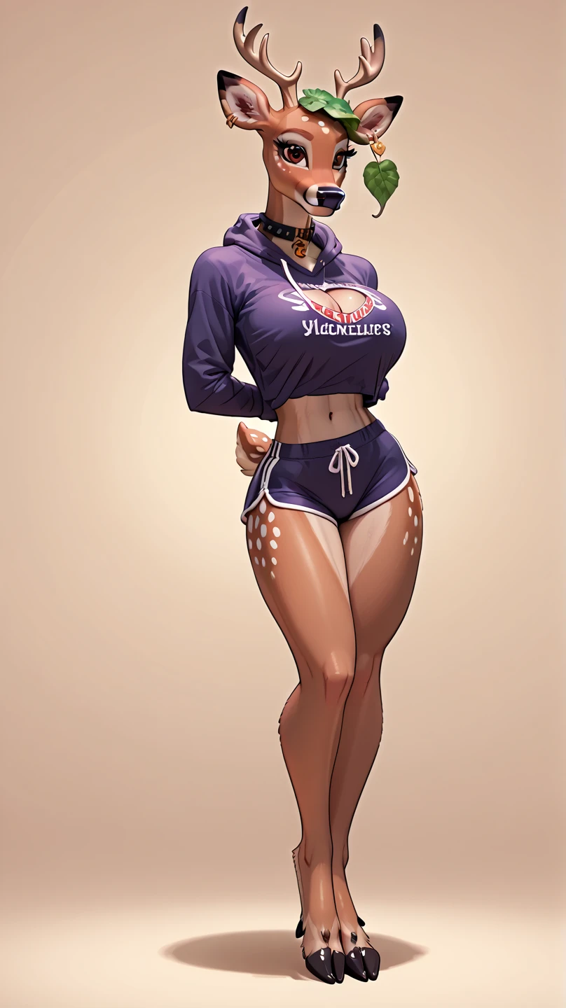 Masterpiece, 4k, details, extreme details, high resolution, 1 woman, Light brown hair tied in two buns. , purple eyes , sly face , smile , purple bikini , white quilted coat , abdomen, big breasts , Long legs , stand on your hips... , white boots , convenience store