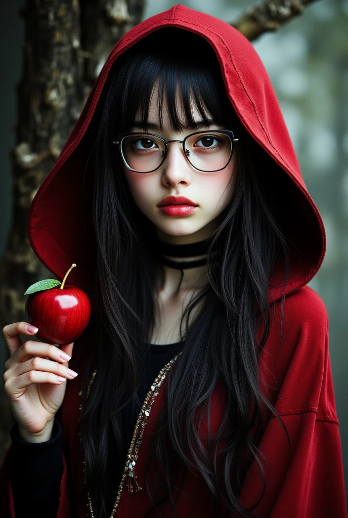 ((best quality、masterpiece、high sensitivity、high resolution、detailed depiction、depicting a delicate face、Ｆvalue：6.0),((Slender Woman、wearing glasses)),Little Red Riding Hood、Poison Apple、Old Woman Witch、dark fantasy worldview、