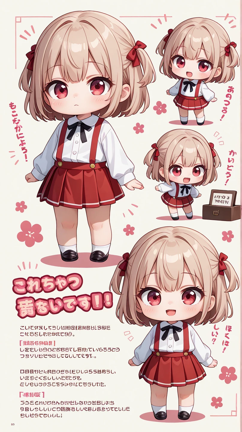 cute chibi girl, deformed, 漫画風、   long-sleeved white shirt, red suspenders, red pleated skirt,素晴らしい太もも、talk, text, text, text, text,