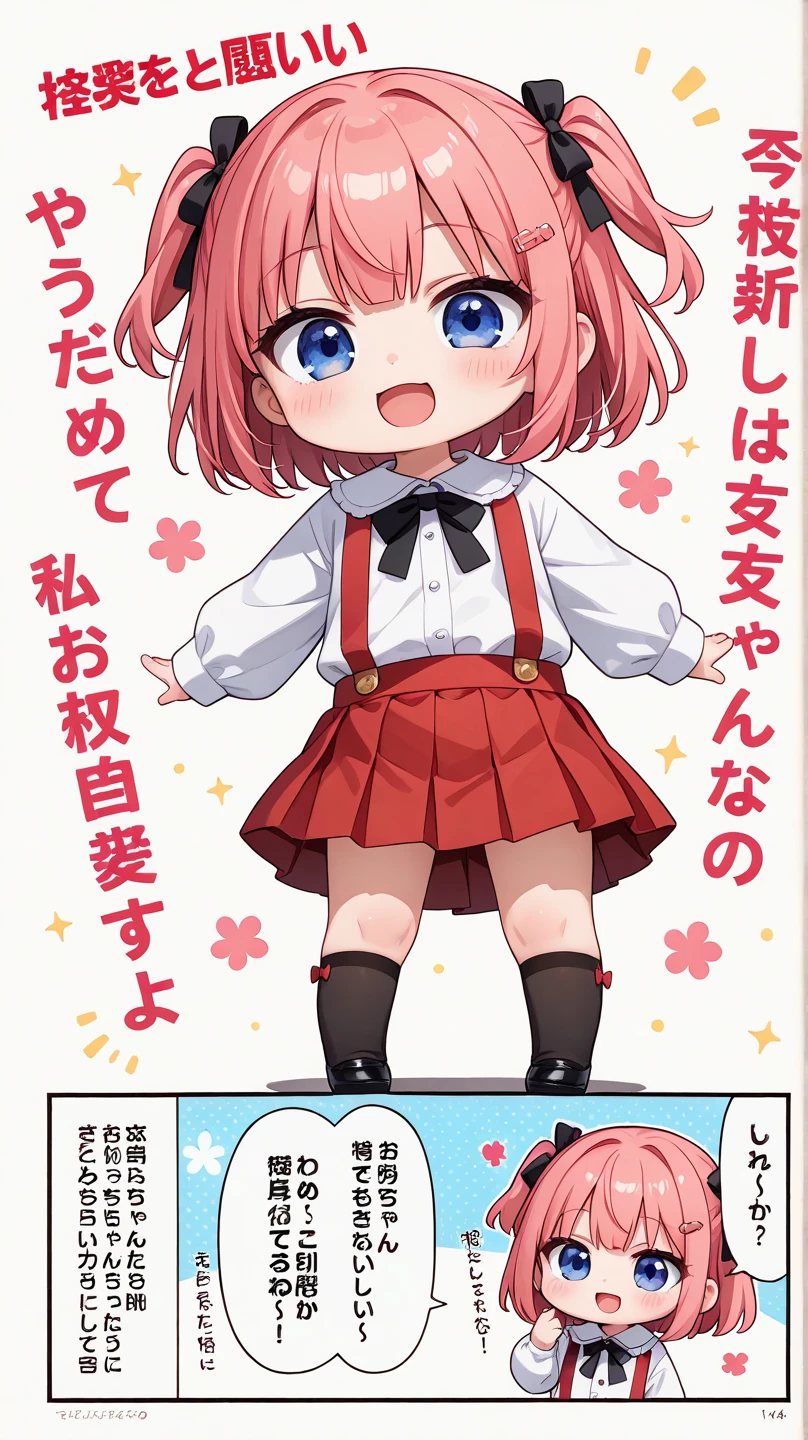 cute chibi girl, deformed, 漫画風、   long-sleeved white shirt, red suspenders, red pleated skirt,素晴らしい太もも、talk, text, text, text, text,