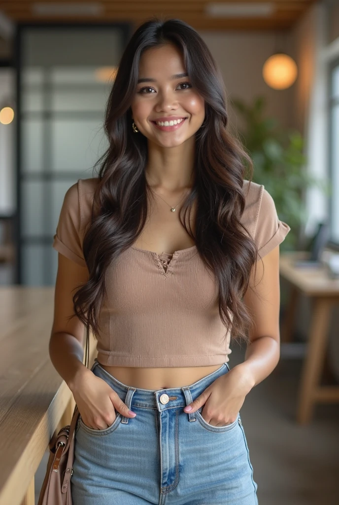 1 girl, age 25, long hair, hispanic, brown eyes, full body, realistic, sexy, with friends, at a brunch place in phoenix