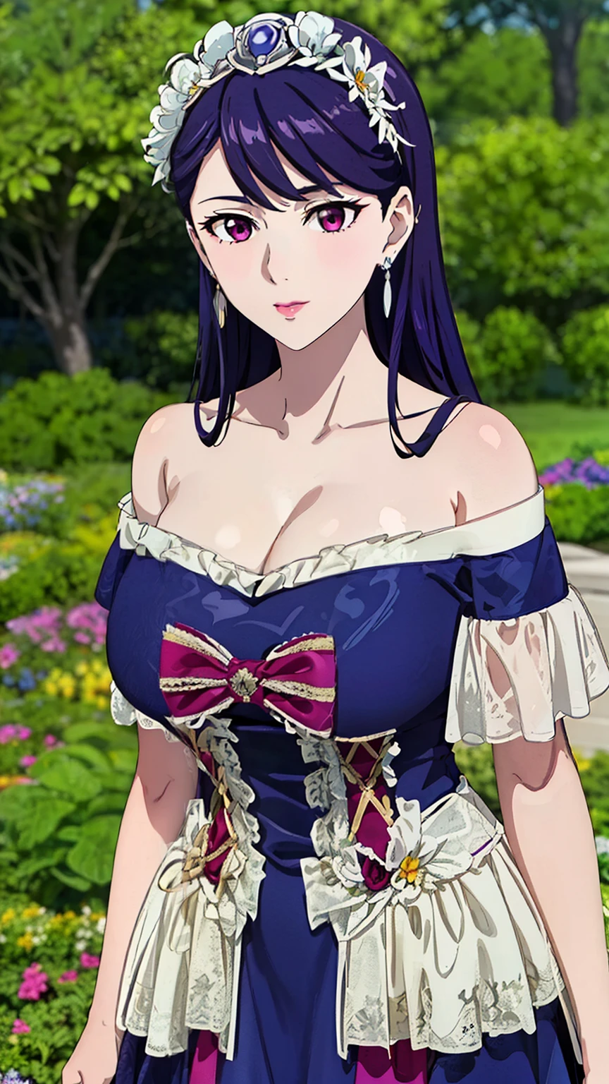rifa,1 girl,(purple eyes, purple hair),bangs,Long Hair,(off shoulder dress, lace-trimmed dress, bare shoulders, frills), (garden), (cowboy shot:1.2), looking at the viewer,
20 years,young woman,beautiful long legs,beautiful body,
beautiful Nose,beautiful character design, perfect eye, perfect face,expressive eye,Perfect balance,
View your audience,(Focus on her face), (Innocent_big_eye:1.0),
Anime art style,Dynamic Angle,Official Art,Very detailed CG Unity 8k wallpaper, Perfect lighting,colorful, bright_front_face_Lighting,White skin,
(masterpiece:1.0),(Highest_quality:1.0), 超High resolution,4K,Very detailed,
photograph, 8k, High resolution, High resolution, (Absurd:1.2), Kodak Portrait 400, Film Grain, Lens flare, (Vibrant_color:1.2),Professional Photograph,
(beautiful_Big Breasts:1,1), (beautiful_face:1.2),(narrow_Waist),