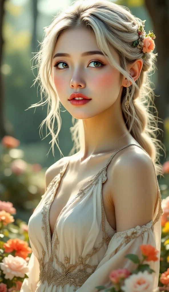 Close-up portrait, Sexy SS Blonde, parted lips, lips, Casual Dresses, View your audience, Forest Background, Sunset Light, Realistic、Large Breasts、Cleavage