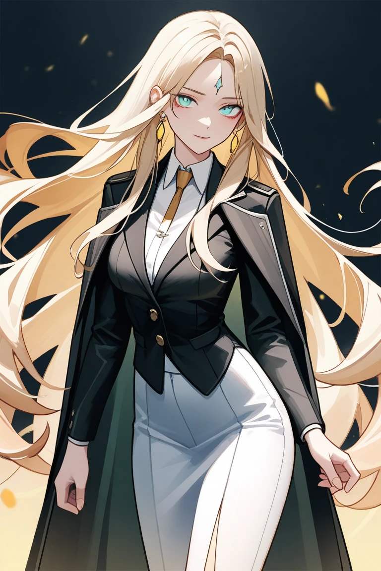 woman, 30 years, blond, long hair, blue eyes, luxurious clothes, evil laughing, using black suit.
