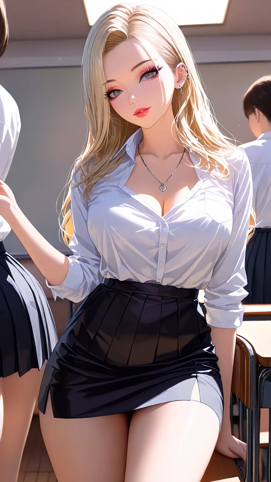 (((Blonde stunning hair))), (blue eyes), blue necklace, Golden earrings, Fit, Gorgeous Body, gorgeous, brown eyebrows, (two moles over lip), big pupils, (23 years old), 1girl,solo, complex skin, warm light, (large breasts), wide thighs, round butt, 5 fingers, ((blushing)), ((detailed face, best quality)), ((masterpiece)), ((ultra-detailed)), (beautiful detailed eyes), red lip, eyeshadow, beautiful face, long hair, very detailed eyes, intricate details in eyes, perfect lips, good lighting, cleavage, classroom background, ((School Uniform and school shoes)), sitting on desk, focus on shoes, from below pov,