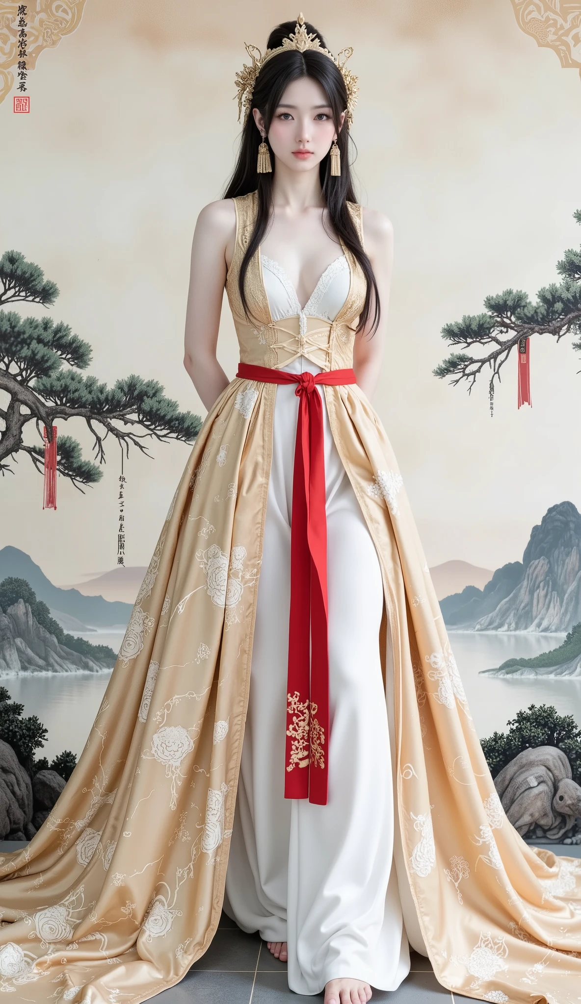 A woman in costume,身着一袭金色和白色sleeveless古装道袍,Mainly white,The outer robe is wide,sleeveless,with a delicate auspicious Ruyi pattern on it,There is a red line around the waist,reveals stomach,showing the roots of the thighs。Put your hands behind your buttocks,(((An open chest , to show most of the breasts))),The hair is tied to the back of the head,to add a bit of elegance,to show the ancient style,The background is landscape ink style。