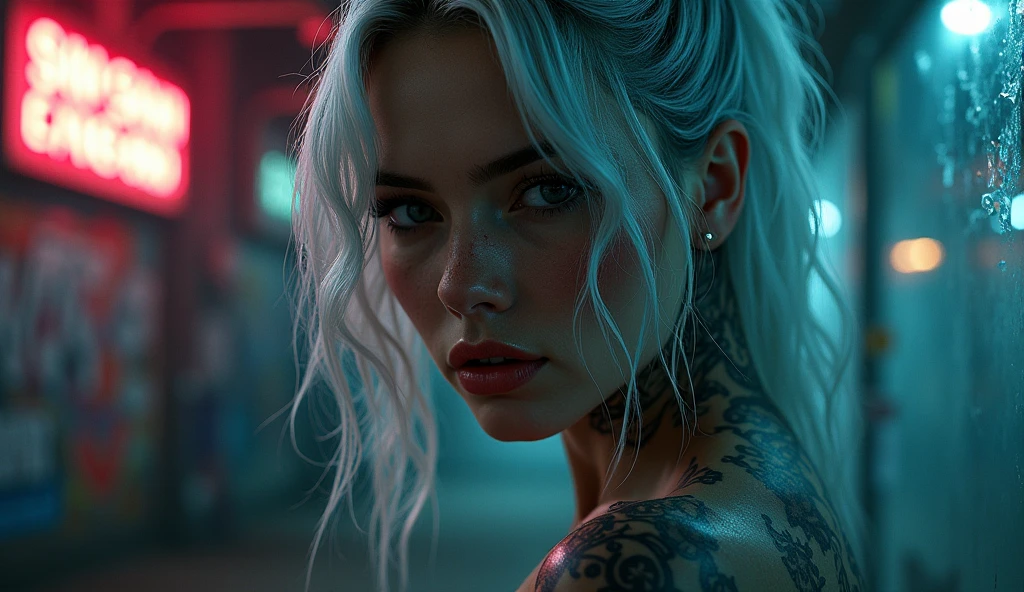 tatuados,Very beautiful big breasts、business suit、(Holding a Beretta)(Very large bust),(Many tattoos on both arms and neck)、 (Late Night in Seoul（South Korea） - A fusion of ancient palaces and modern cities）,Candlelight only,Very detailed, 18-year-old, A beautiful woman,Depressed face, Silver Hair,Wavy Hair, blue eyes, High resolution, masterpiece, Highest quality, Intricate details, Very detailed, Clear focus, Delicate skin, practical skin texture, texture, Delicate eyes, Professional, 8k, Sad face,despair、 Shot with Canon, 85mm, Shallow and deep, Kodak Vision Color, Exactly, Very detailed, photograph_\(Extremist\), photographpractical, practical, Post-processing, Maximum details, Roughness, Real Life, Extremist practical, Photorealism, photographgraphy, 8k ウルトラ HD, photographgraphy