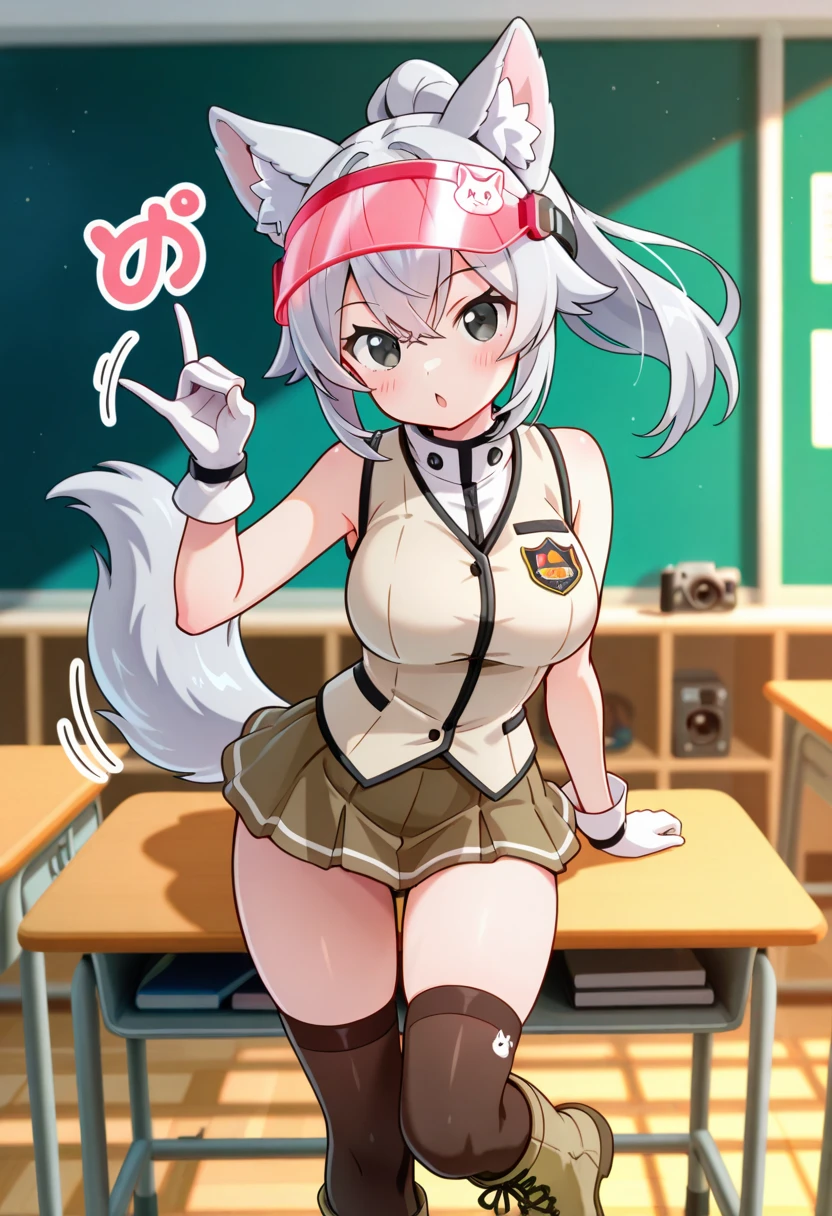 Naked, nude boobs, medium natural breasts, silver hair, cat ears, two bell clips, purple eyes, fluffy silver tail, open school shirt, blue wide skirt, black and white leggings, white sneakers, school class, near the blackboard