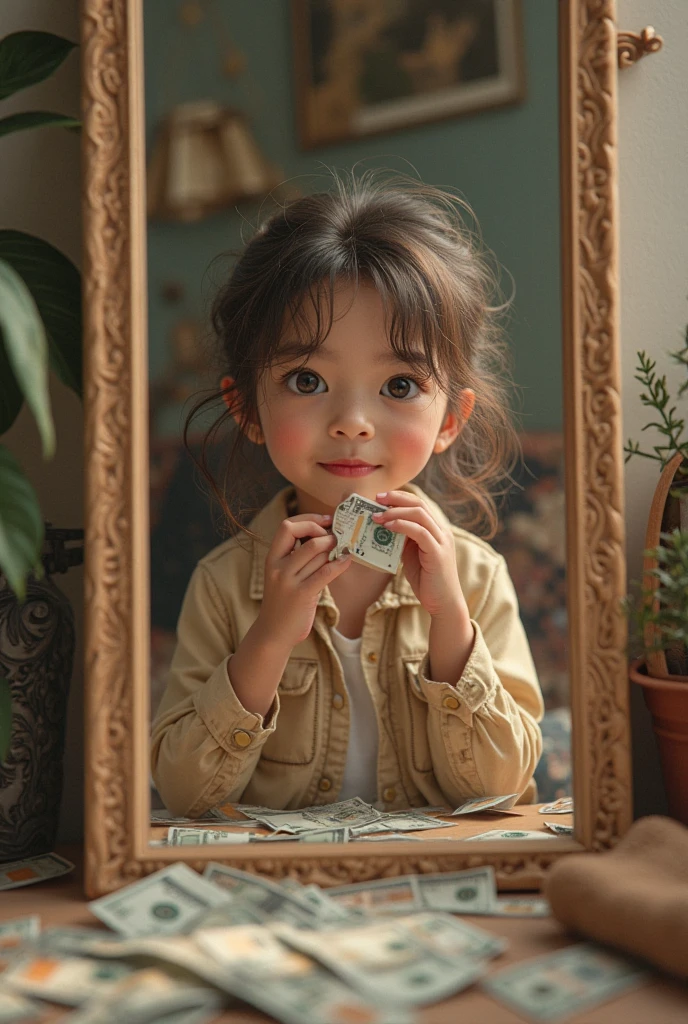 full body, 3.5 years old Asian girl with short pony hair wearing casual clothes, standing stiffly behind the glass door of a red telephone box, daydreaming with old telephone machine and the telephone receiver to his ear, dark background with soft light bias from the side, best angle, dark night atmosphere, cinematic images, professional photo shoots, promotional images, smile faces looking at the camera