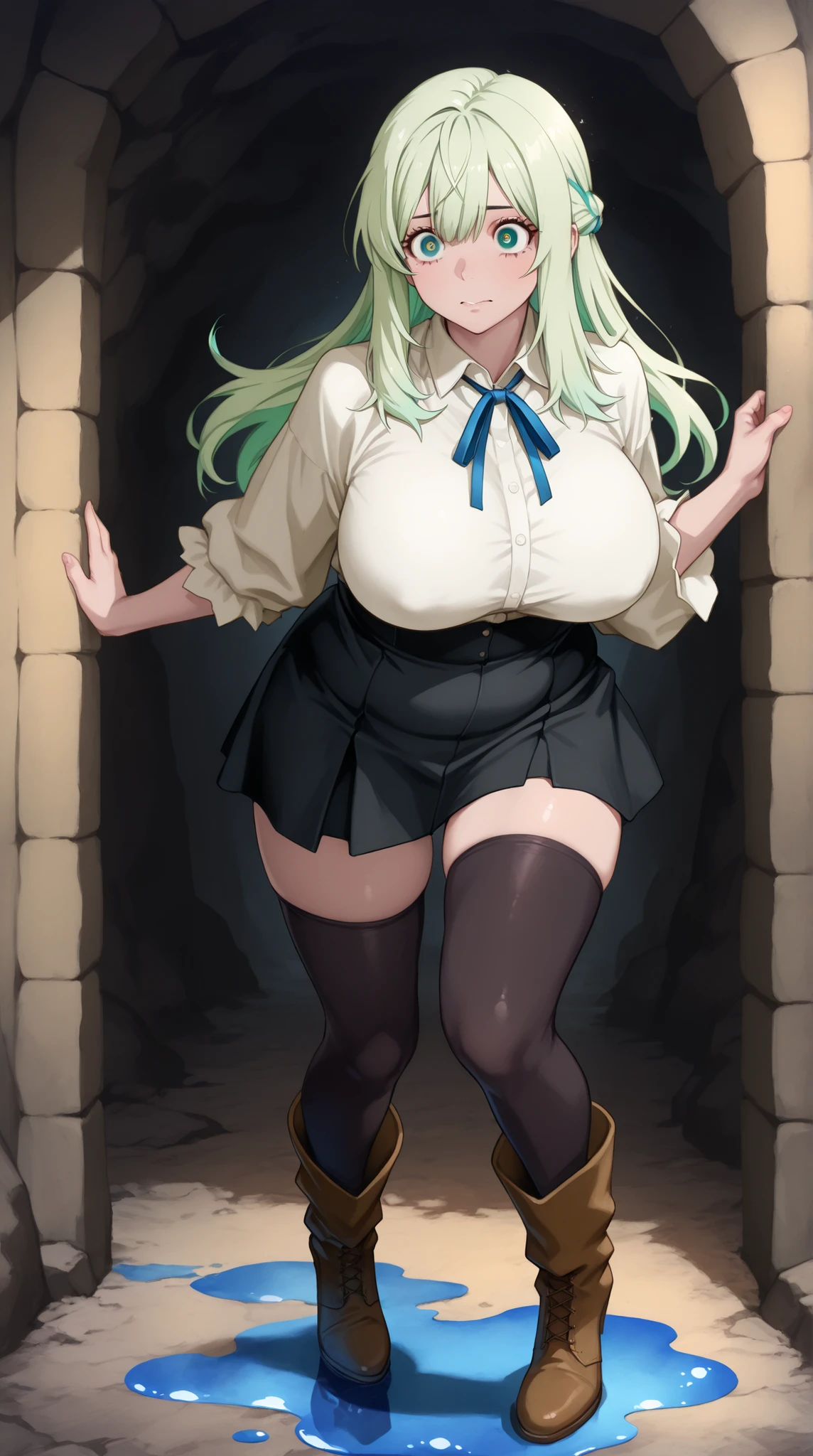 (completely dark cave),(A world without light ),(uneasy expression),(blue puddle:1.5)Long-haired girl with light green hair,150cm tall girl,short black skirt, emerald eyes like playing,(Sensual works ),Black stockings that reach the thighs,brown boots,Anime style illustration,,sexy, Wall thickness, and strong body,babyface,sexyボディ, anime style eyes ,Quiet white shirt,blue ribbon,,Fluffy eyes、is big, thick eyes,round,  soft iris 、natural eyes、Gentle eyes、 pastel eye color 、, gentle expression,sparkling iris  ,[ plump body],Whites of the eyes are clearly visible,is big Breasts,hide breasts,stupid hair,double highlight gradient iris,Natural three-dimensional eyes,(ボケ効果にも似たsexyな雰囲気),(A cave with an eerie atmosphere),(dark fantasy)