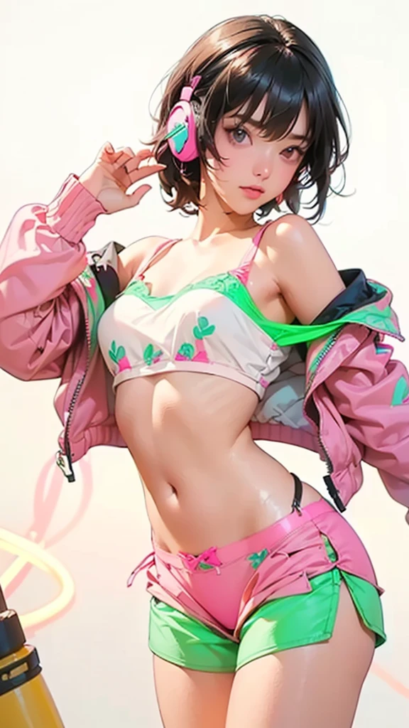 very low angle, full bodyesbian (8K, RAW photo, Highest quality, Masterpiece), High Detail RAW Color Photo Professional Close Photo, (Realism, Photo realism:1.4), (Highest quality), (Best shadow), (Best Illustration),Surreal face, Blue eyes, Neon pink girl with long red hair, Wear a short hoodie hood, Check plaid miniskirt, Tight high socks, Tokyo at night, neonlight, Neon pink, neon blue, Neon lime green,