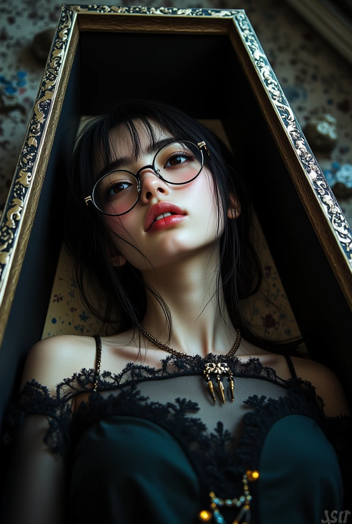 ((best quality、masterpiece、high sensitivity、high resolution、detailed depiction、depicting a delicate face、Fvalue:6.0),((Slender Woman、wearing glasses)),The princess in the coffin、