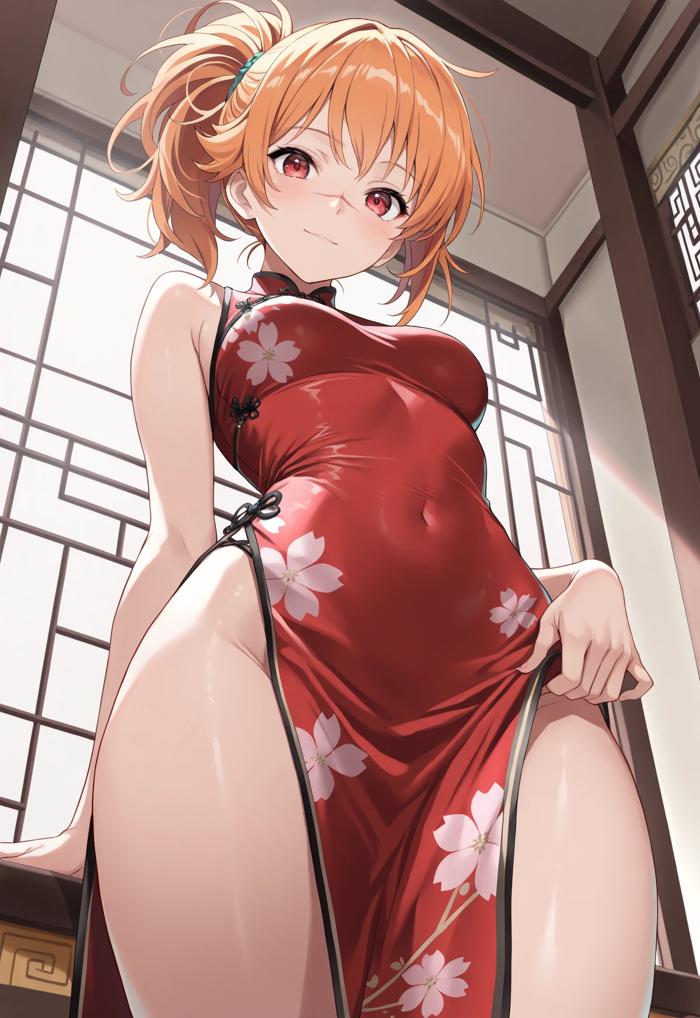 arcueid brunestud, 1girl, solo, breasts, looking at viewer, short hair, bangs, blonde hair, simple background, red eyes, white background, dress, bare shoulders, medium breasts, closed mouth, thighs, sleeveless, alternate costume, white dress, bare arms, sleeveless dress, chinese clothes, hair intakes, floral print, antenna hair, china dress, pelvic curtain, side slit, leaf print