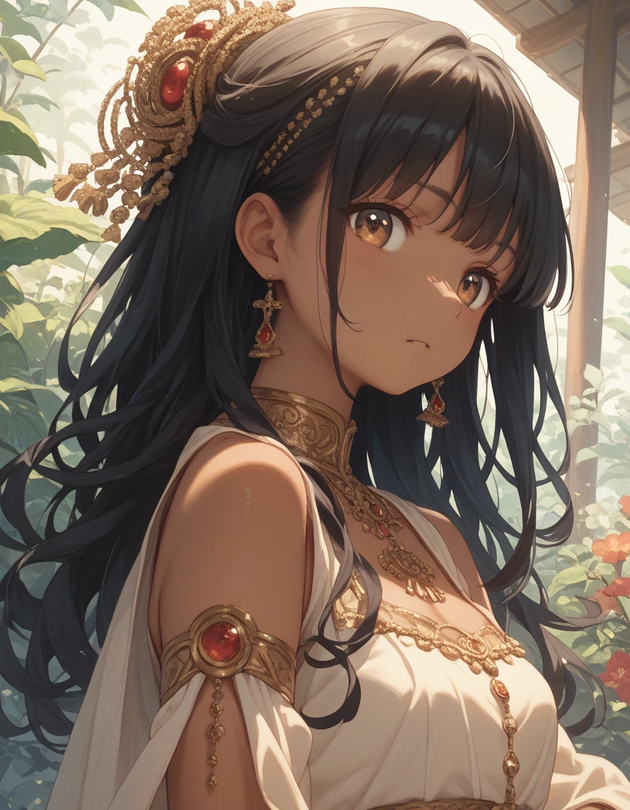 1girl, brown eyes, black hair with blue fade, blue strands in the hair, long hair, skinny waist, medium breasts, tan skin, gold jewelry, young girl, brown skin, calm, peaceful, mature, poetic, long black skirt, dark gray sweater, one gold necklace,
